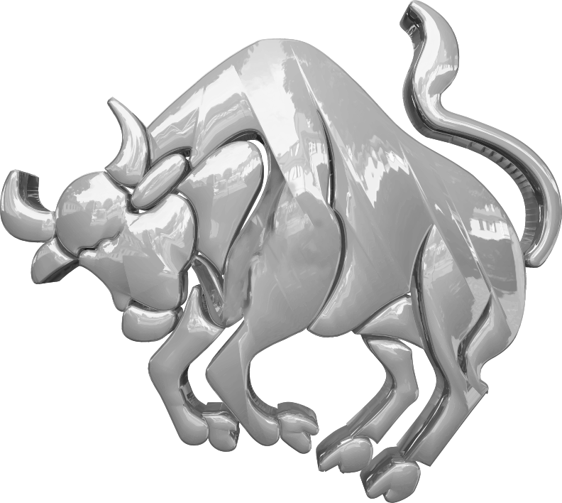 taurus 桌布 壁紙 — 一座光滑的銀色公牛雕像，帶有反光鍍鉻表面，在黑色背景前擺出姿勢。