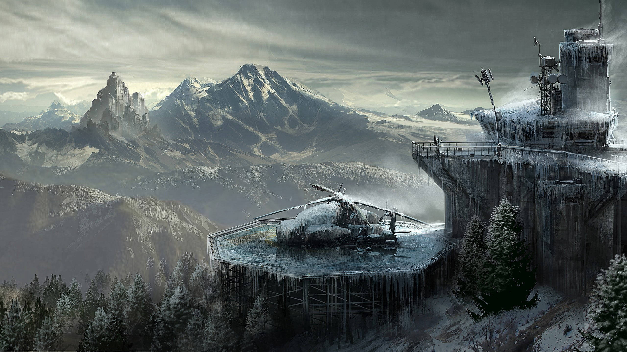 Rise Of The Tomb Raider 桌布 壁紙 — 一座冰凍的山地堡壘，有冰崖和一架覆蓋著雪的直升機在平台上，俯瞰著雪谷。