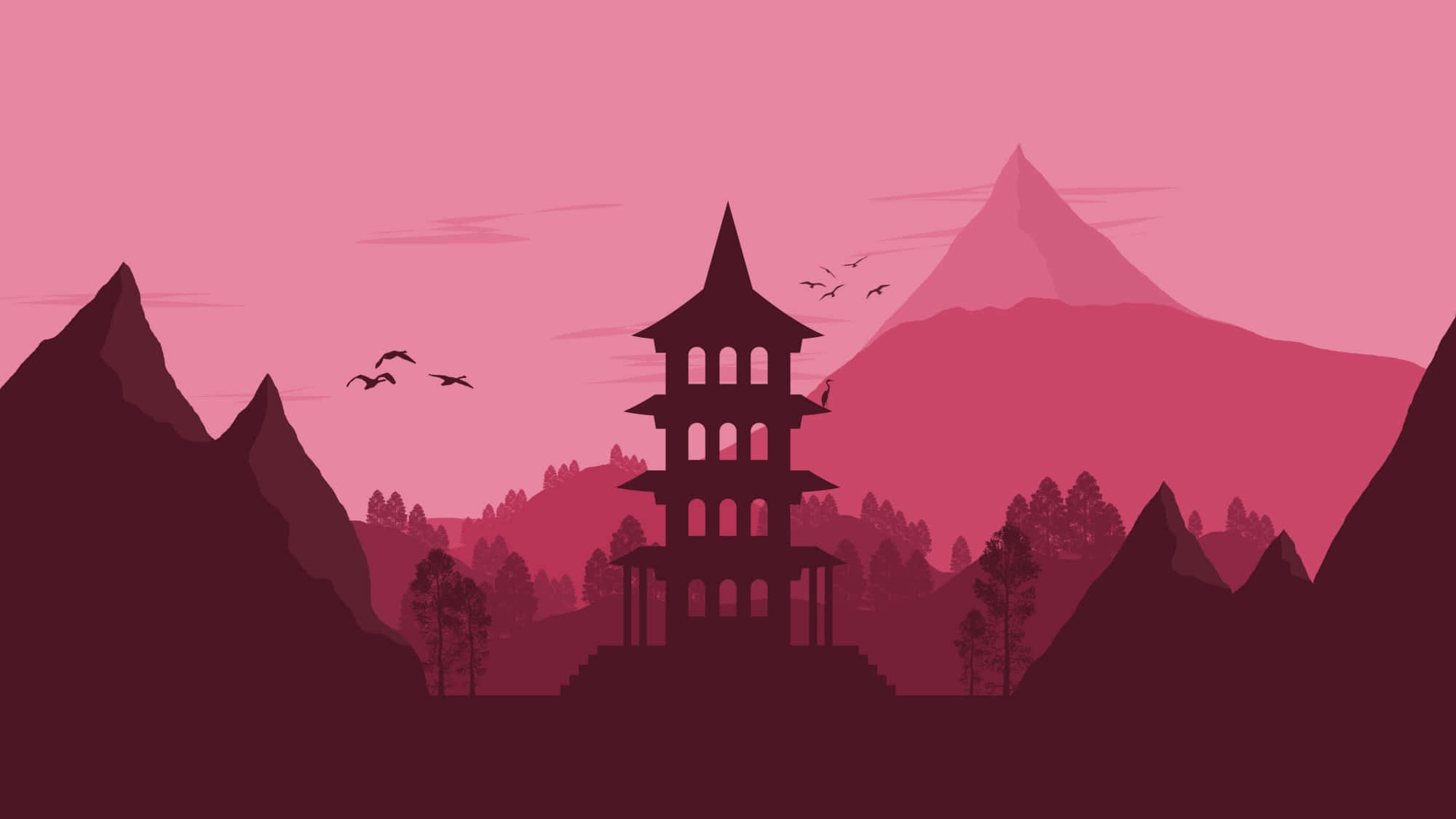 藝術 桌布 壁紙 — 一座剪影寶塔在粉紅和洋紅色的漸變山脈背景下寧靜地矗立，有鳥兒飛翔。