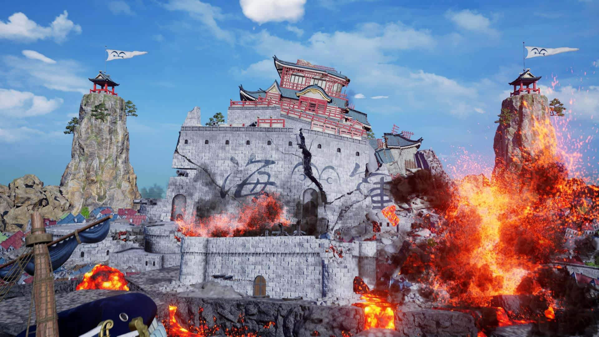Marineford 桌布 壁紙 — 一座動漫風格的堡壘在明亮的藍天下猛烈燃燒，附近有船隻。
