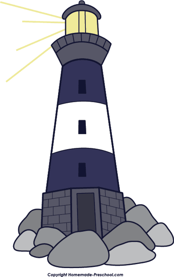 Lighthouse 桌布 壁紙 — 一座卡通燈塔，帶有藍白條紋，頂部發出明亮的黃色光束，矗立在灰色岩石上。