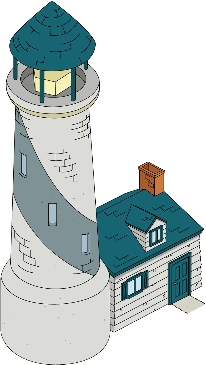 Lighthouse 桌布 壁紙 — 一座卡通燈塔，擁有青綠色屋頂和白色塔樓，旁邊是一座相配的管理員房屋，帶有煙囪和藍色門。
