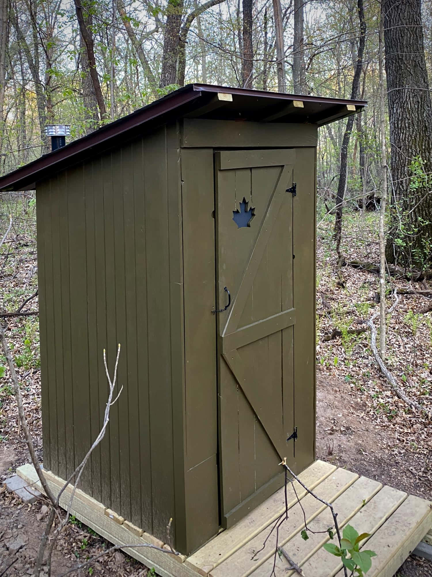 Outhouse 桌布 壁紙 — 一座古樸的橄欖綠色木棚，門上有楓葉鏤空圖案，獨自矗立在寧靜的森林空地中。