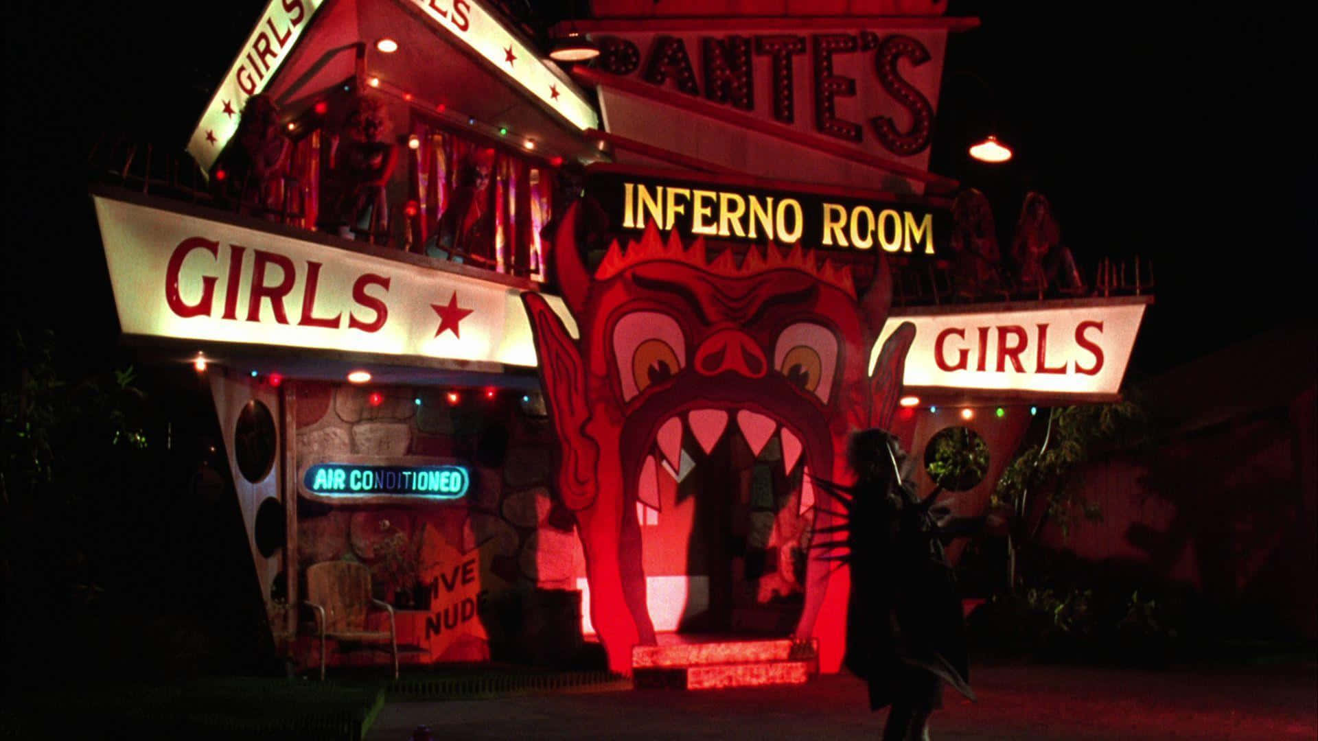 Beetlejuice 桌布 壁紙 — 一座名為「Inferno Room」的建築物的霓虹燈夜景，帶有巨大的紅色惡魔面孔和「Girls」標誌，在黑暗的天空下發光。