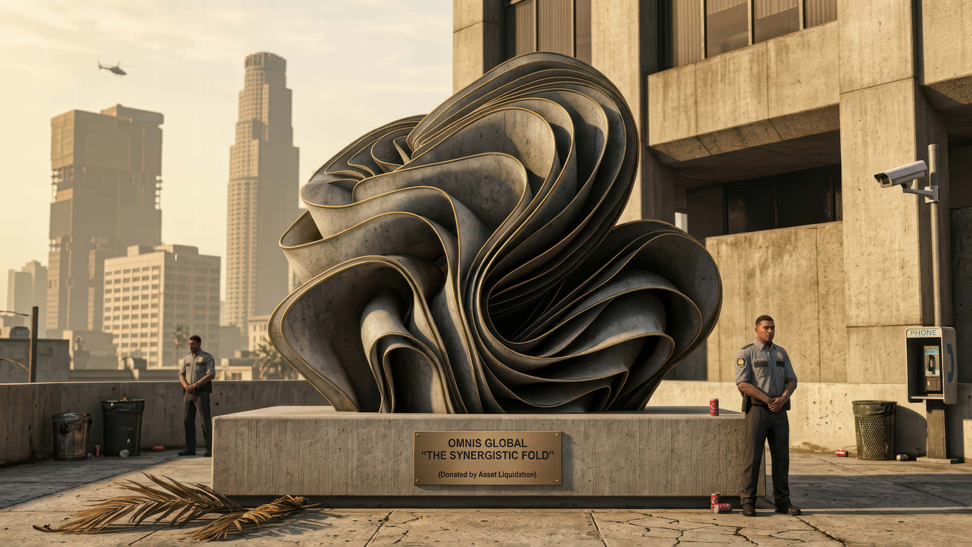 GTA 5 Bloom modded wallpaper for desktop Enhancement 壁紙 — 一座名為「The Synergistic Fold」的大型抽象金屬雕塑矗立在屋頂廣場上，背景有兩名制服警衛和城市天際線。