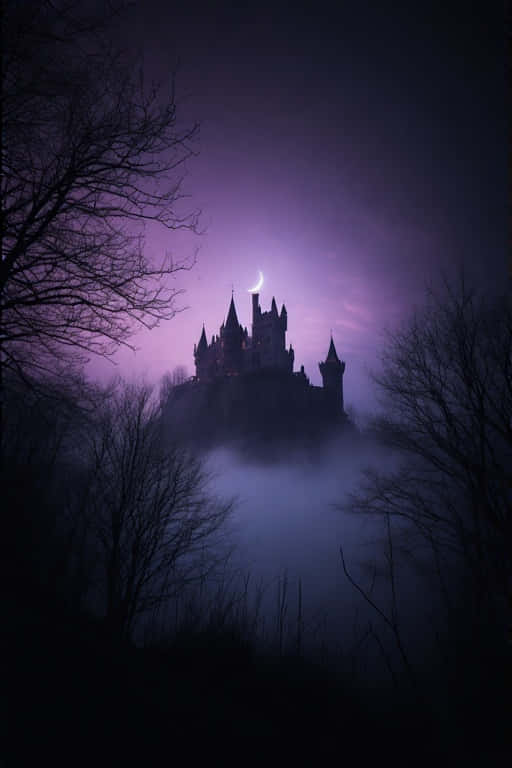 Dark Fantasy Castle in Mist 4K 壁紙 — 一座哥德式城堡剪影從薄霧中升起，背景是帶有新月的紫色暮色天空。