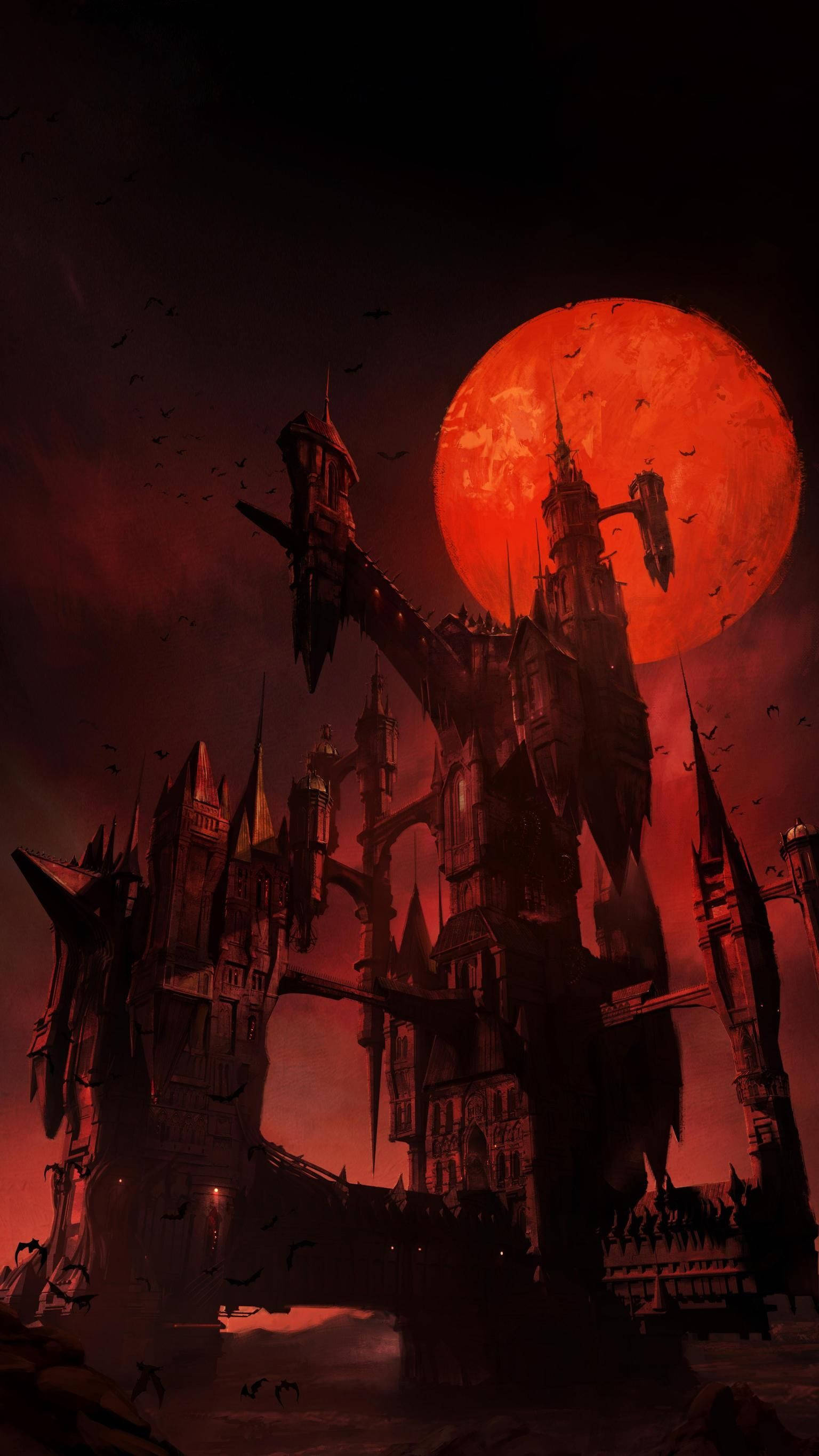 Castlevania 桌布 壁紙 — 一座哥德式城堡在巨大的血紅色月亮襯托下呈現剪影，蝙蝠在黑暗的天空中飛翔。