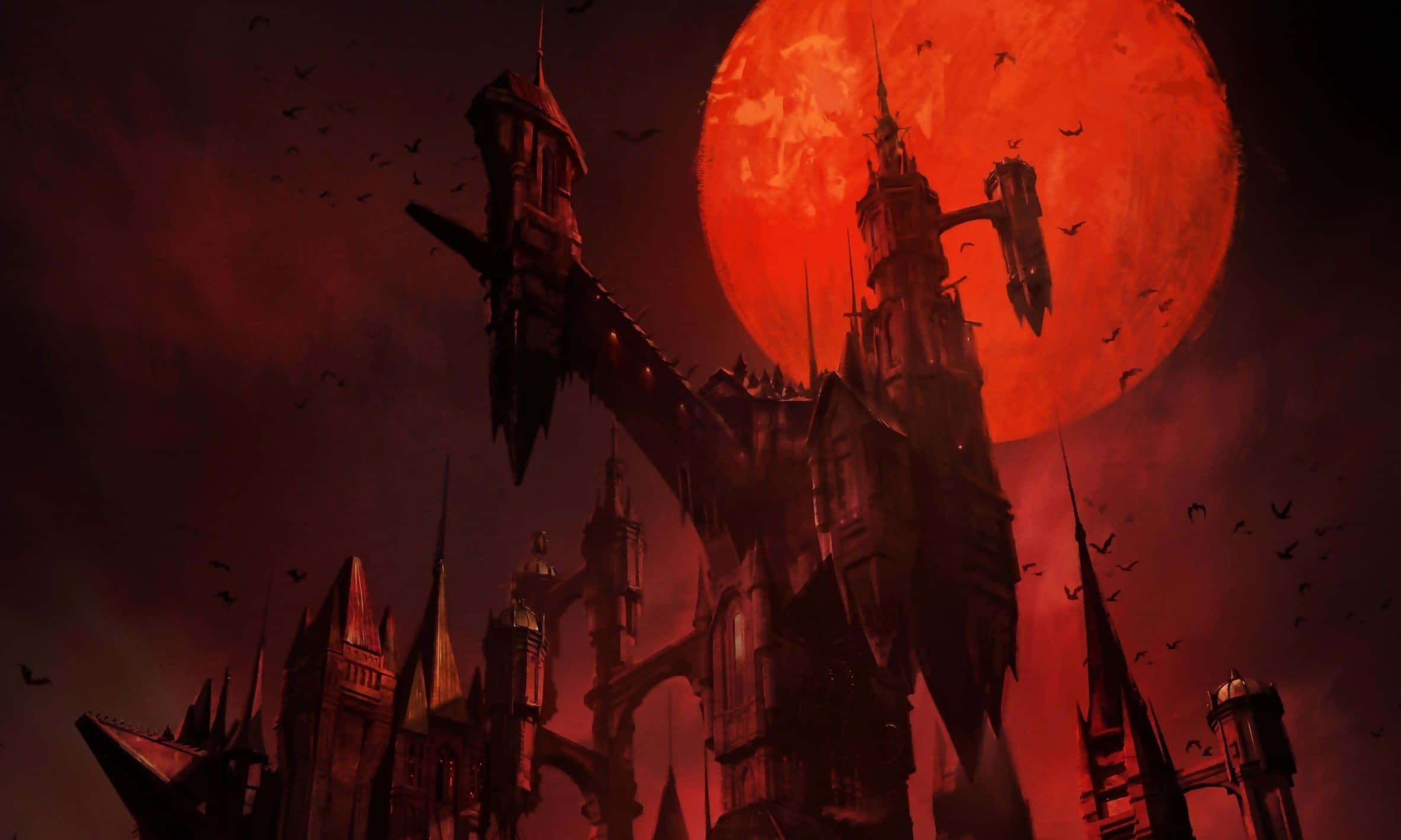 Castlevania 桌布 壁紙 — 一座哥德式城堡在巨大的血紅色月亮襯托下呈現剪影，蝙蝠在陰森的天空中飛翔。