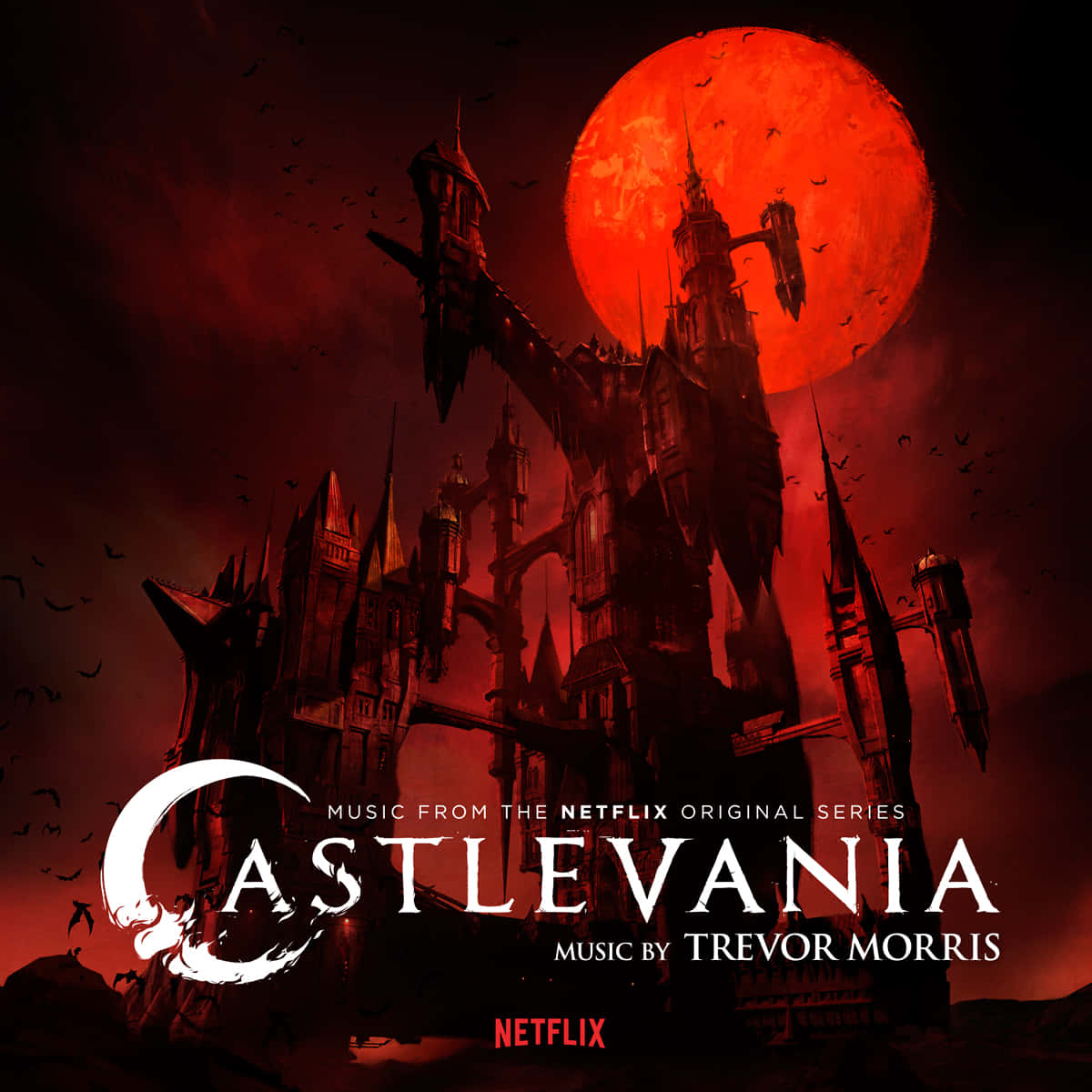 Castlevania 桌布 壁紙 — 一座哥德式城堡在巨大血紅色月亮和飛翔蝙蝠的黑暗不祥天空下呈現剪影。