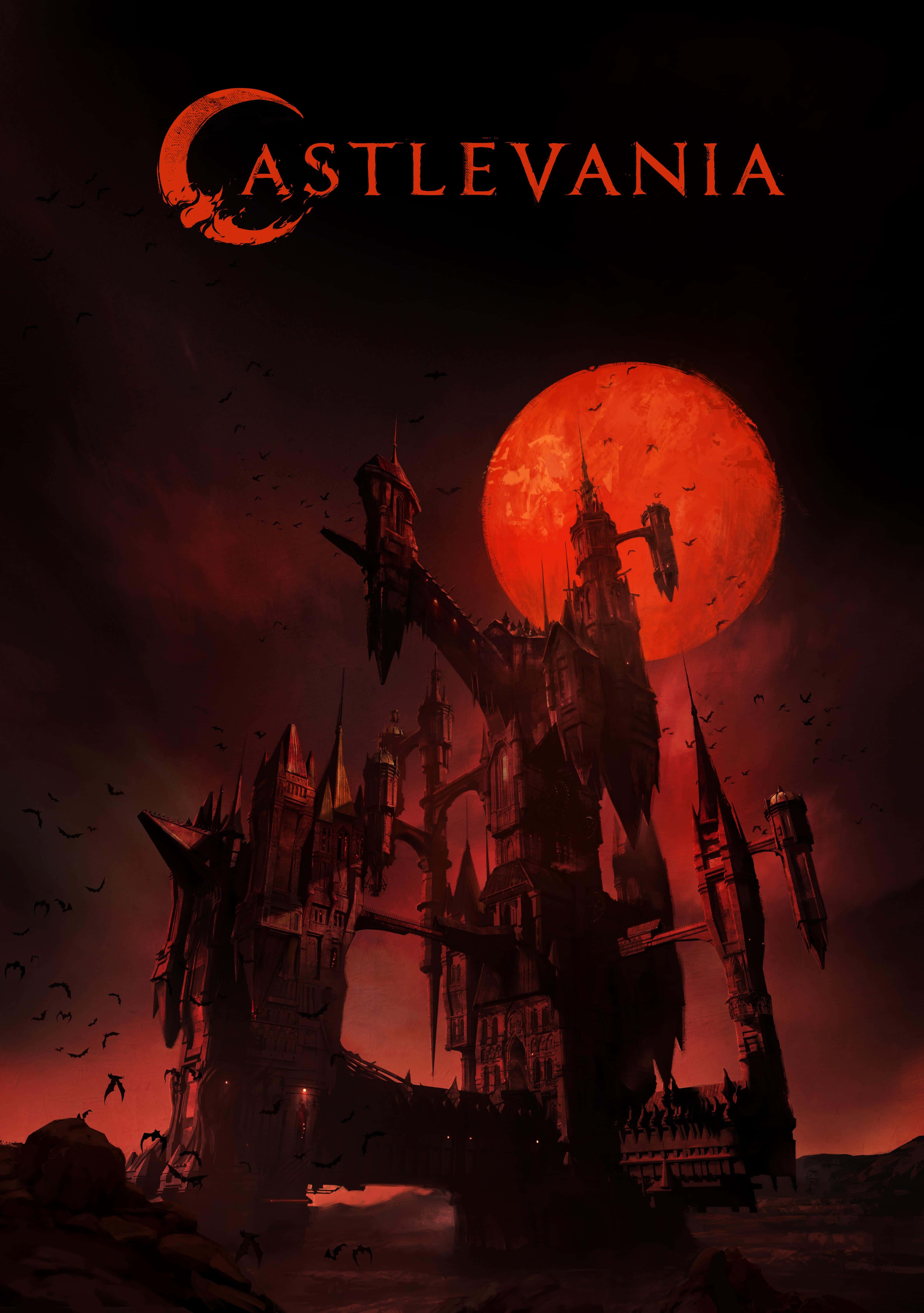 Castlevania 桌布 壁紙 — 一座哥德式城堡在血紅色的月亮下若隱若現，蝙蝠在暗紅色的天空中成群飛舞。