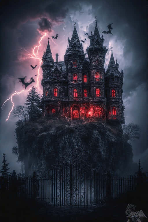 Vampire’s Gothic Mansion – Majestic Halloween 4K 壁紙 — 一座哥德式城堡坐落在懸崖上，發出紅光，閃電劃過，蝙蝠在暴風雨的天空中飛翔。