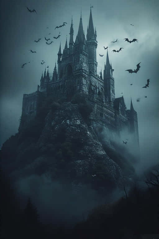 Gothic Castle on Foggy Hill 壁紙 — 一座哥德式城堡坐落在霧氣瀰漫的懸崖上，蝙蝠在陰沉天空下繞著尖塔飛翔。
