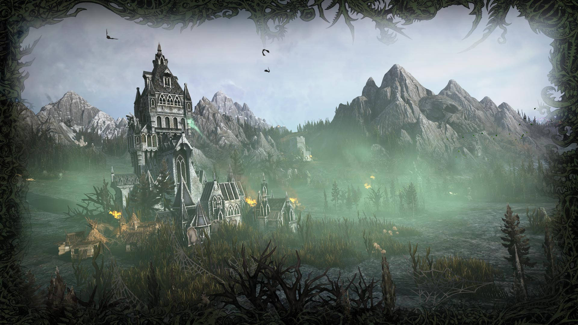 Total War Warhammer 2 桌布 壁紙 — 一座哥德式城堡坐落在霧氣瀰漫的湖上，周圍是鋸齒狀的山脈和詭異的綠色迷霧。