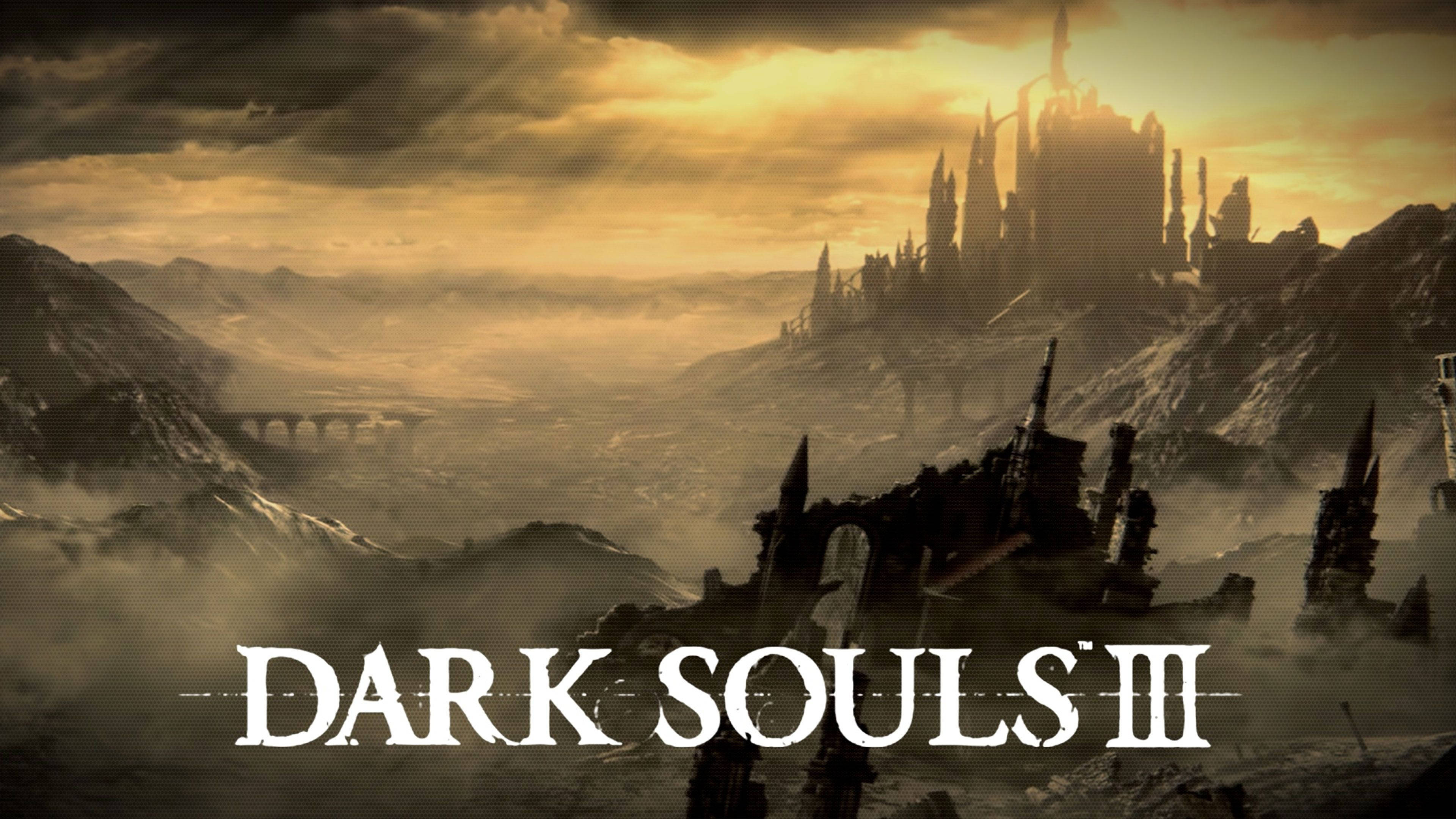Dark Souls 3 桌布 壁紙 — 一座哥德式城堡坐落在霧氣繚繞的山頂上，金色夕陽的天空下，呈現出黑暗奇幻的景觀。