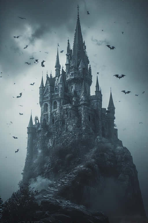 Gothic Castle on Foggy Hill 壁紙 — 一座哥德式城堡坐落在霧氣繚繞的懸崖上，蝙蝠在暴風雨的灰色天空中飛翔。