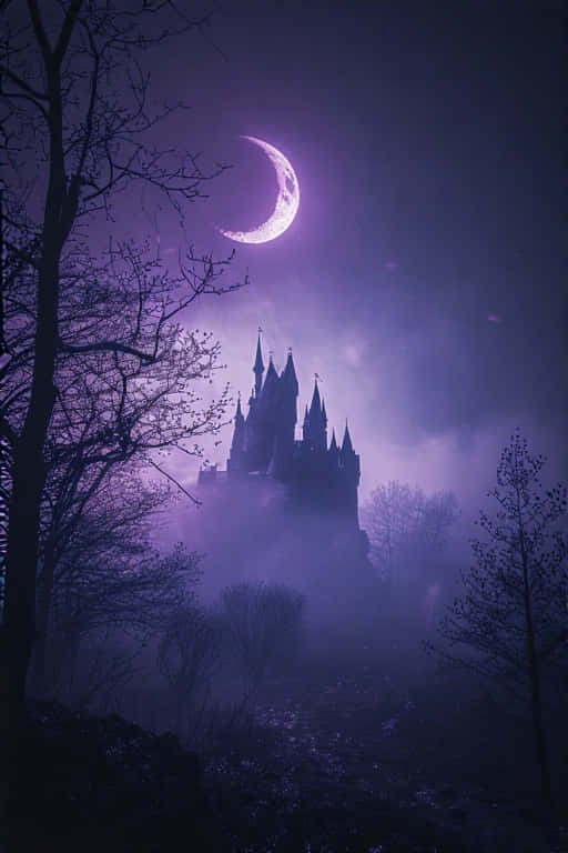 Dark Fantasy Castle in Mist 4K 壁紙 — 一座哥德式城堡從迷霧中升起，在發光的彎月下，紫色光線穿過光禿的樹木。