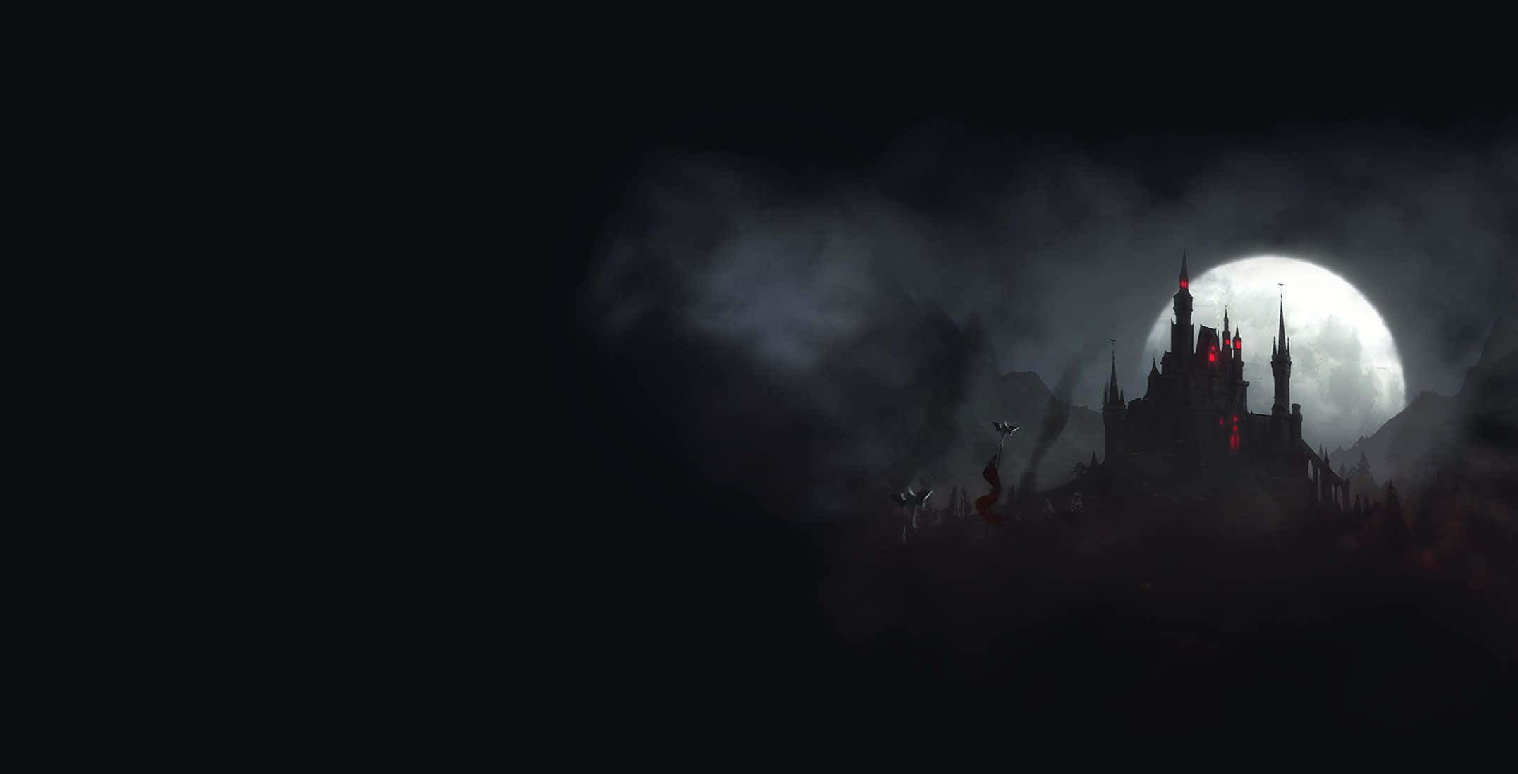 Dark Vampire 桌布 壁紙 — 一座哥德式城堡的剪影在滿月下聳立，帶有紅色發光的窗戶和圍繞其尖塔旋轉的迷霧。