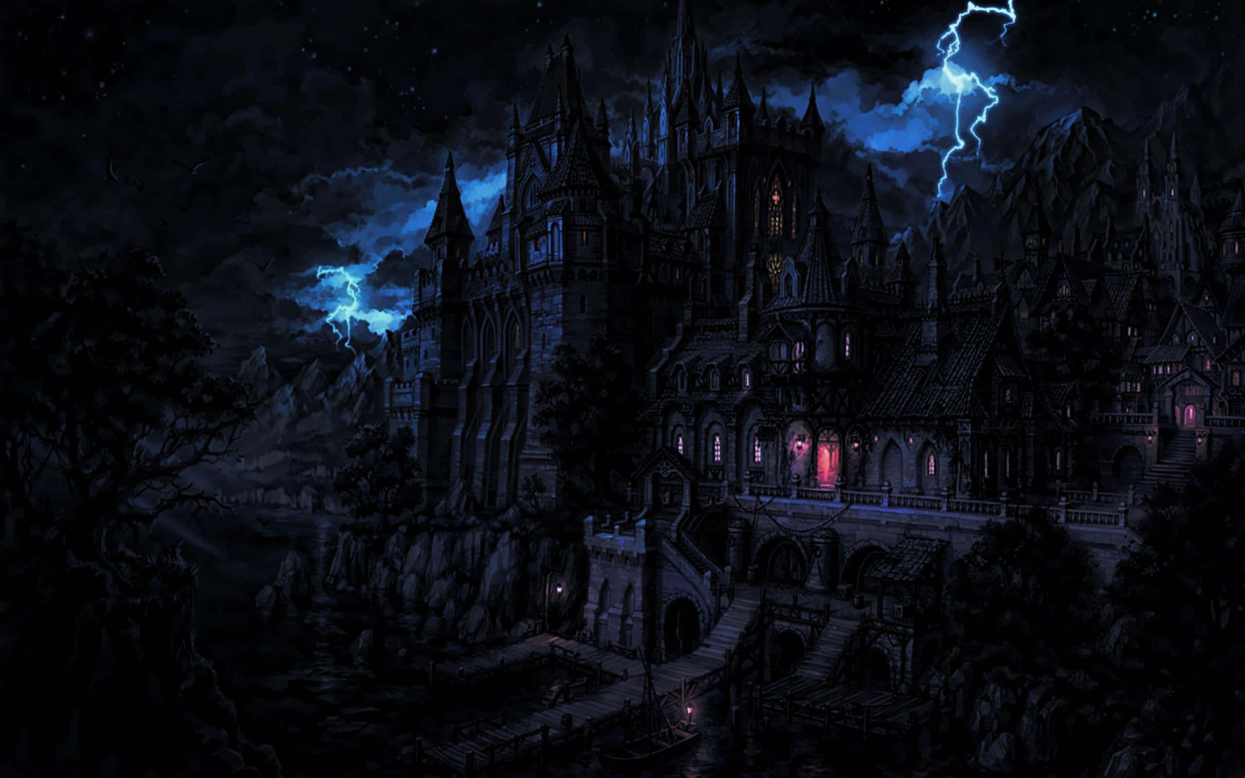 Vampire Aesthetic 桌布 壁紙 — 一座哥德式城堡矗立在懸崖上，暴風雨夜空中閃電照亮其陰森的窗戶。