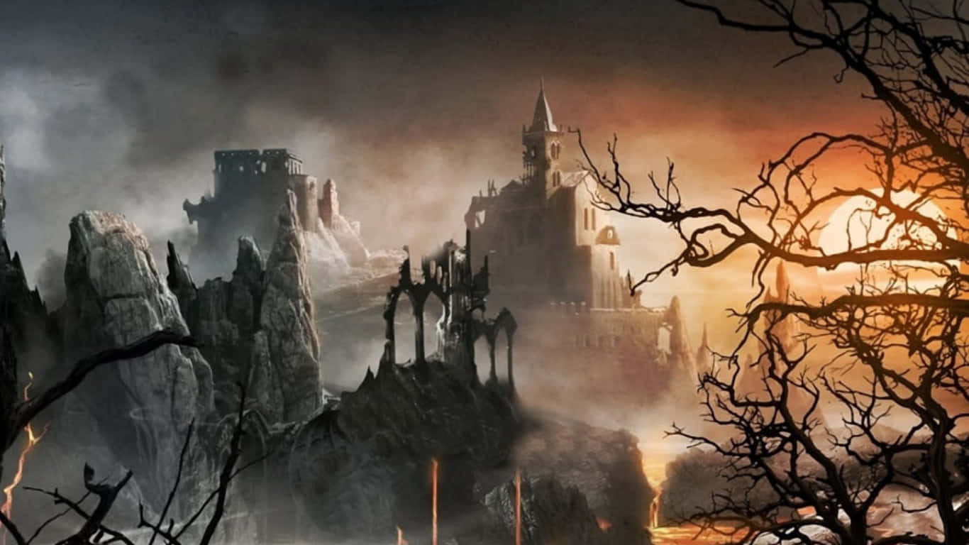 Dark Tales 桌布 壁紙 — 一座哥德式城堡矗立在日落時分的崎嶇懸崖上，前景是光禿禿的樹木剪影。