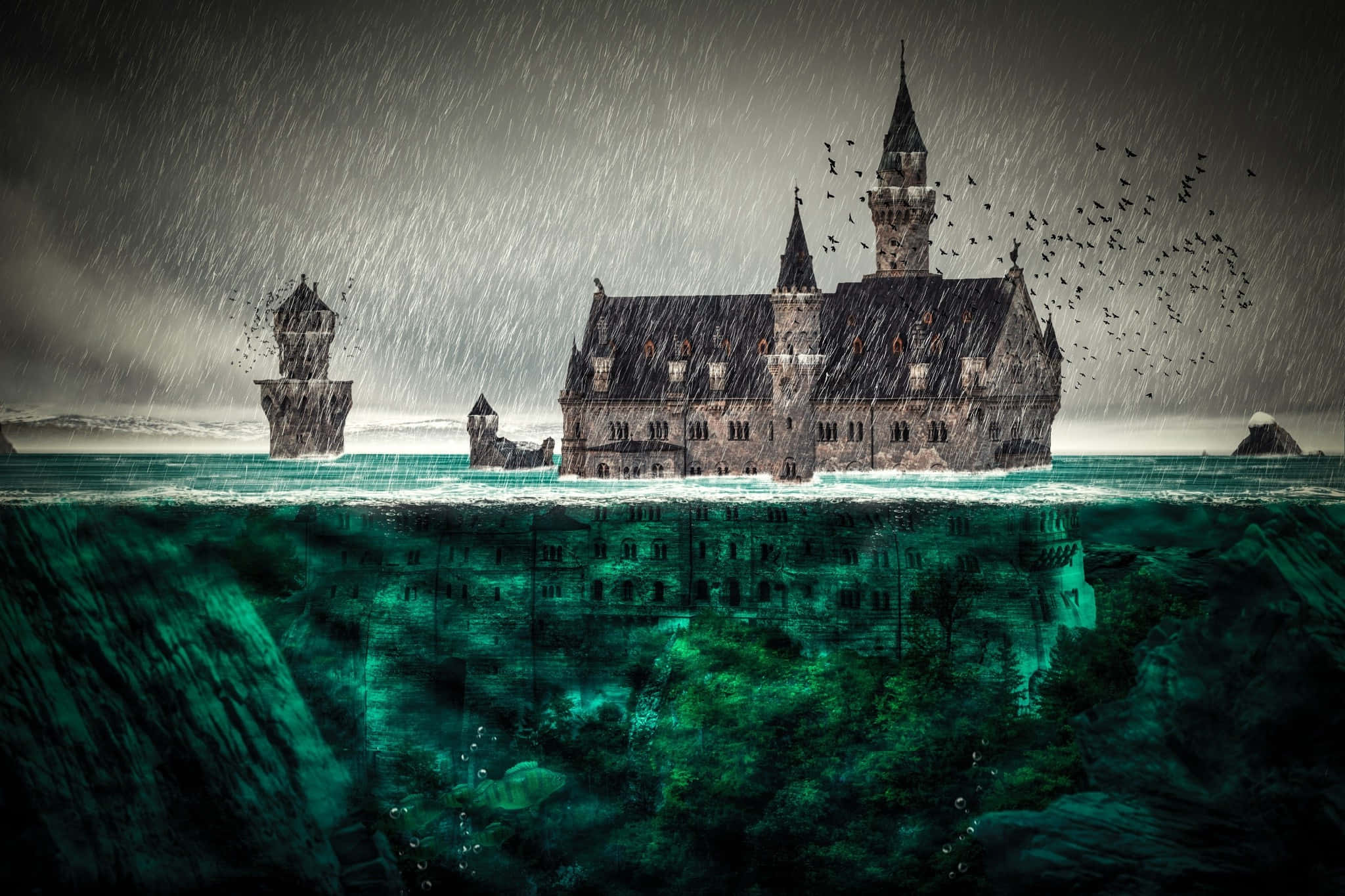Flood 桌布 壁紙 — 一座哥德式城堡部分淹沒在詭異的綠色水中，暴風雨的天空下鳥兒在頭頂飛翔。