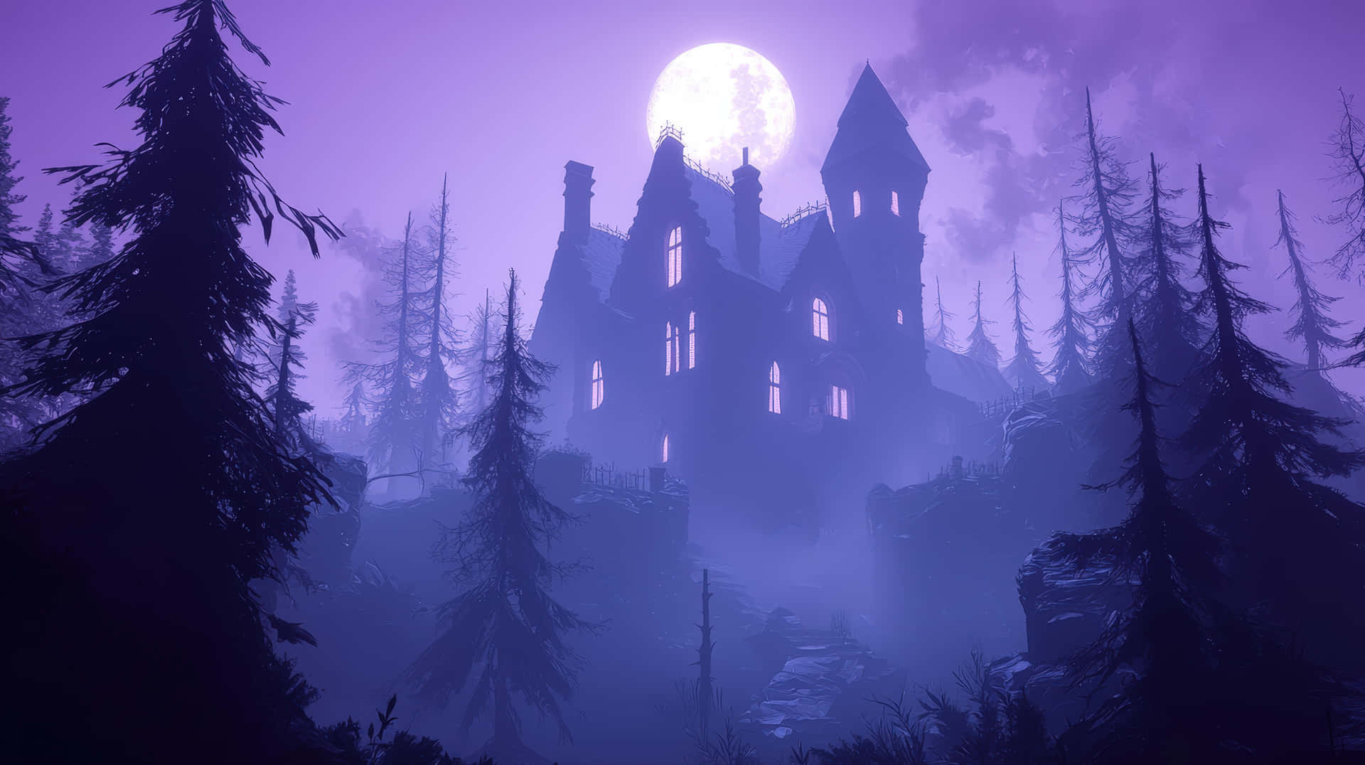 A dark gothic mansion stands atop a hill, surrounded by mist and eerie trees 壁紙 — 一座哥德式大宅，窗戶發光，矗立在霧氣瀰漫的山丘上，周圍是高聳的松樹，滿月灑下紫色光芒。