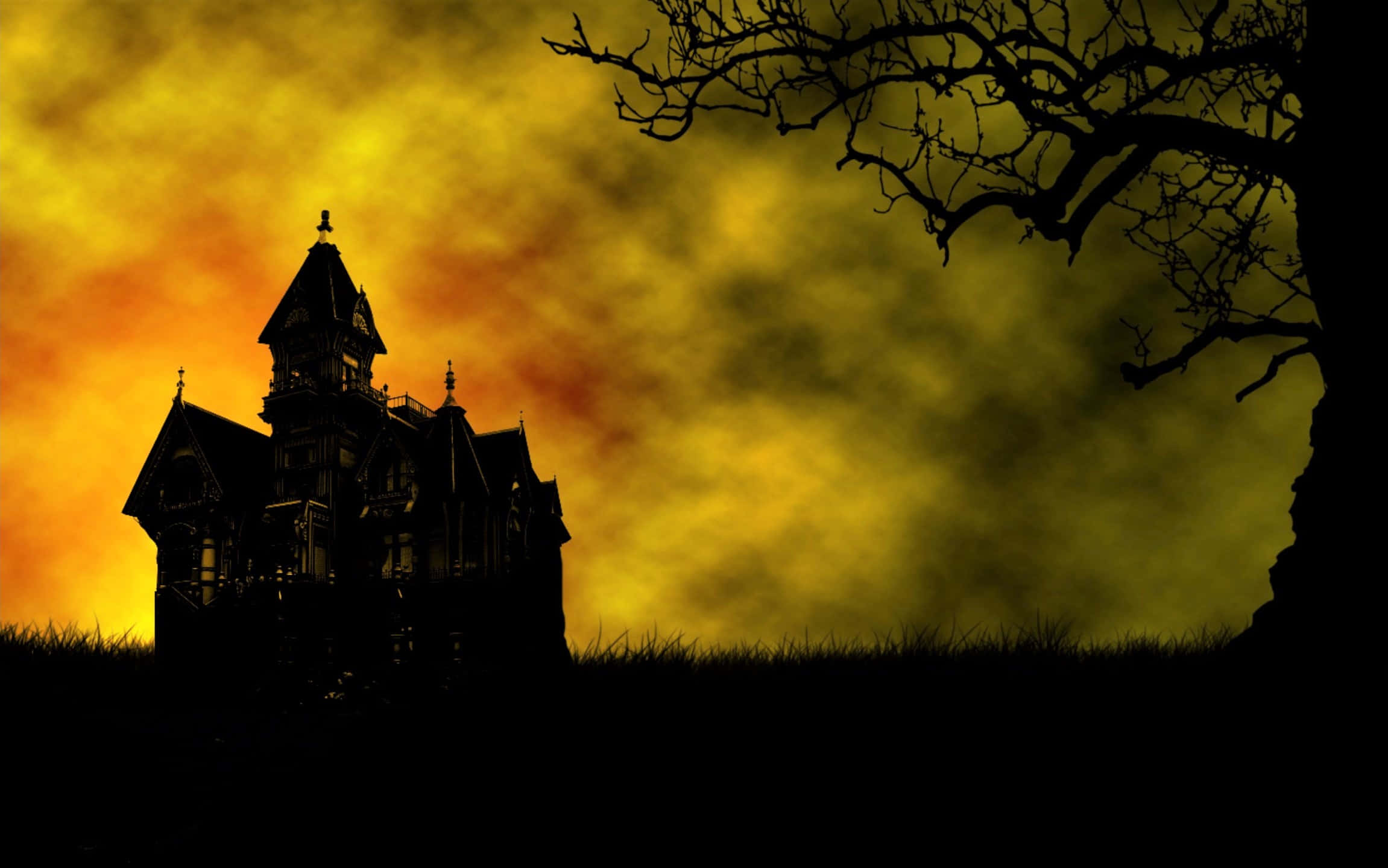 Haunted House 桌布 壁紙 — 一座哥德式大宅的詭異剪影，矗立在火紅橙黃色的天空下，光禿禿的樹枝框住了整個場景。