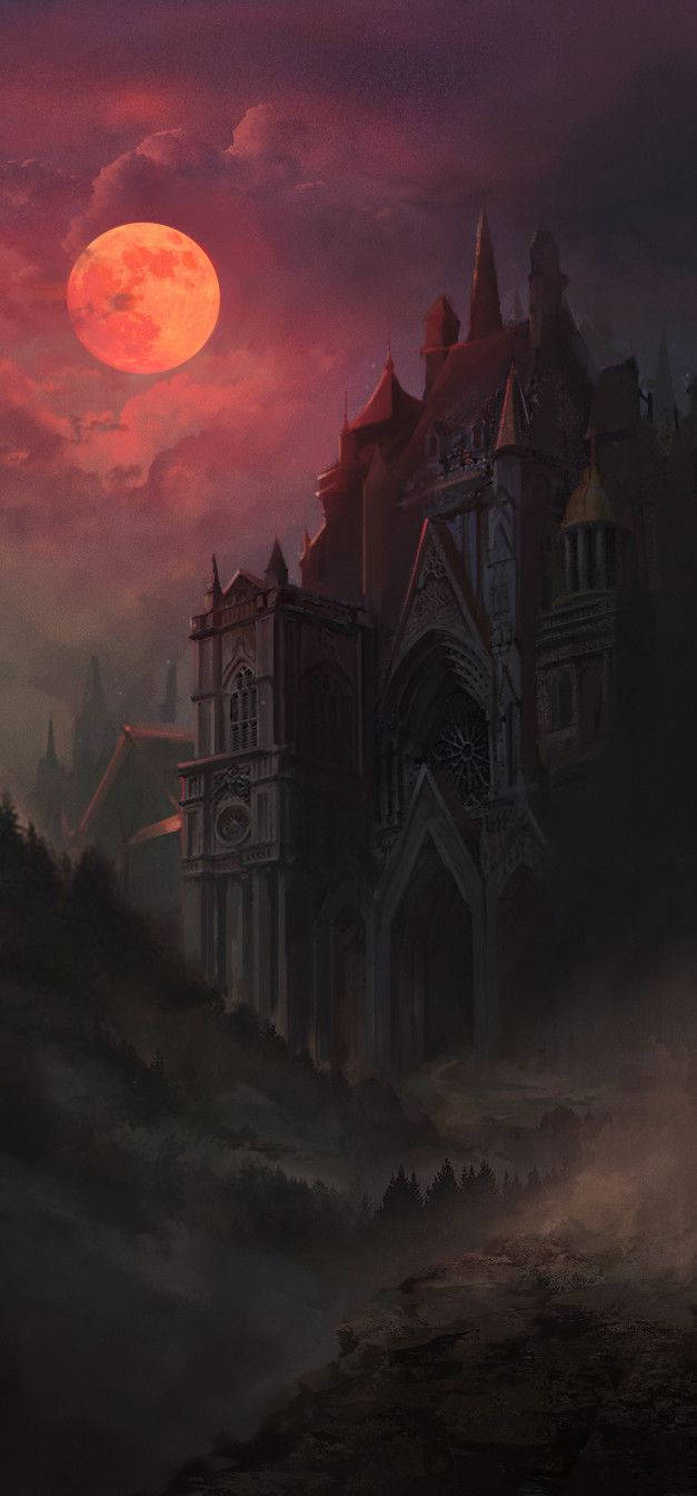 Gothic Phone 桌布 壁紙 — 一座哥德式大教堂坐落在霧氣繚繞的懸崖上，下方是黑暗奇幻天空中一輪發光的紅月。