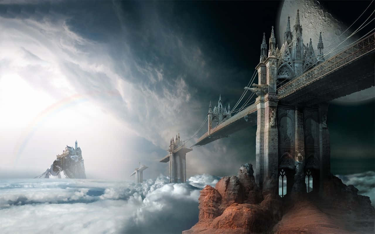 Dark Surrealism 桌布 壁紙 — 一座哥德式橋樑橫跨風暴雲層，連接城堡與月光下的懸崖，下方有彩虹。
