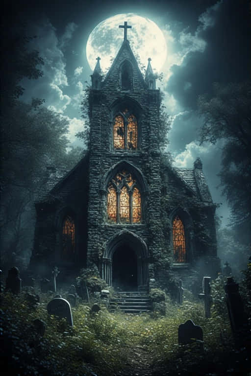 Abandoned Church in Moonlight – Spooky Halloween 4K 壁紙 — 一座哥德式石造教堂，帶有發光的彩繪玻璃窗，矗立在滿月下的迷霧墓地中。