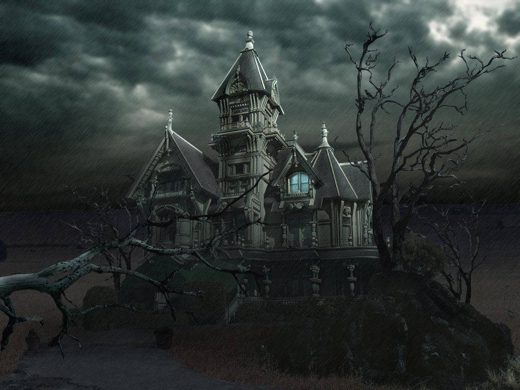 haunted 桌布 壁紙 — 一座哥德式豪宅坐落在山丘上，天空風暴來襲，樹木光禿，只有一扇窗戶發光。