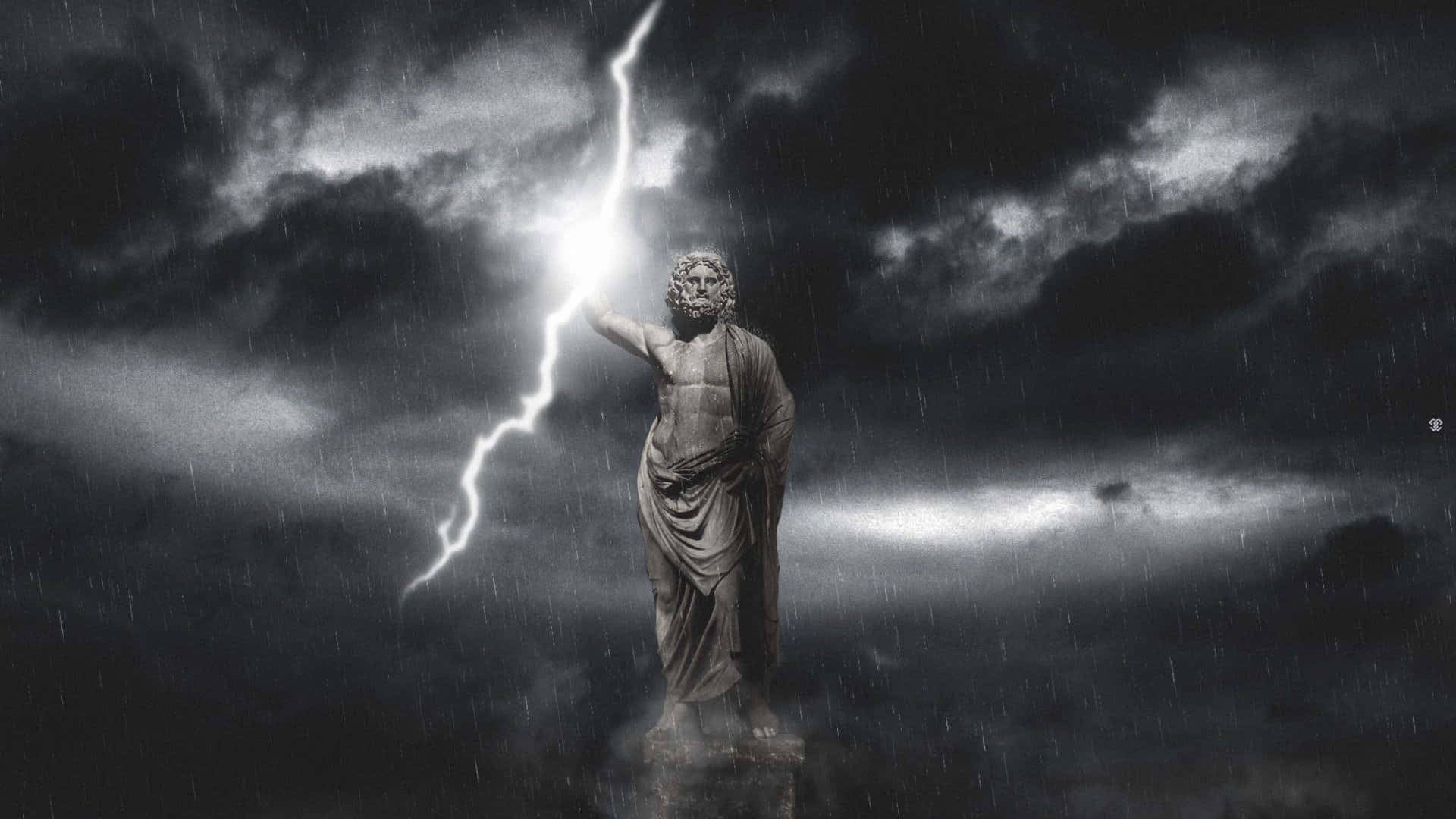 zeus 桌布 壁紙 — 一座單色的宙斯雕像屹立不屈，一道閃電從上方暴風雨的天空中劈下。