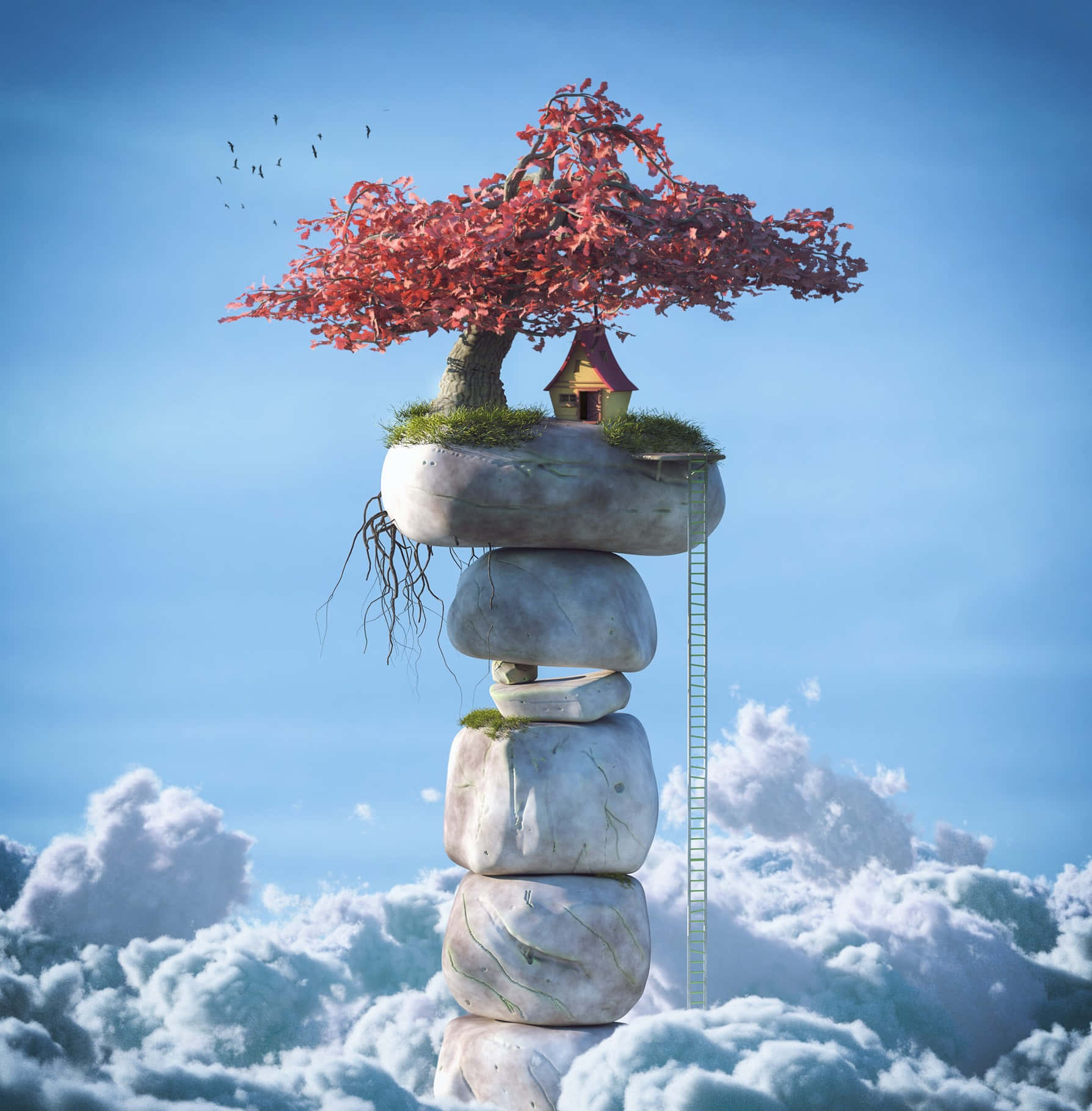 Stone 桌布 壁紙 — 一座夢幻的樹屋棲息在雲端堆疊的石頭上，擁有紅色樹冠和通往蓬鬆白雲的梯子。