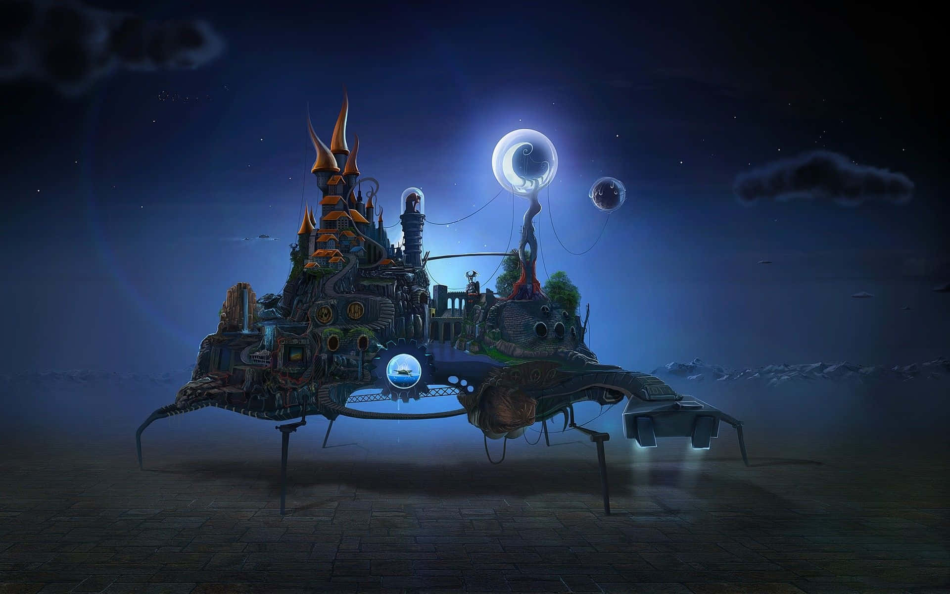 夜空 桌布 壁紙 — 一座夢幻的漂浮城堡，帶有發光的球體和尖塔，懸浮在一個石質平台上，背景是繁星點點的夜空，有多個月亮。