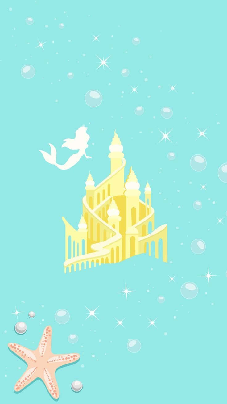 Cool Disney 桌布 壁紙 — 一座夢幻的黃色城堡在水底漂浮，伴隨著美人魚剪影和海星，背景是充滿氣泡和閃光的碧綠海洋。