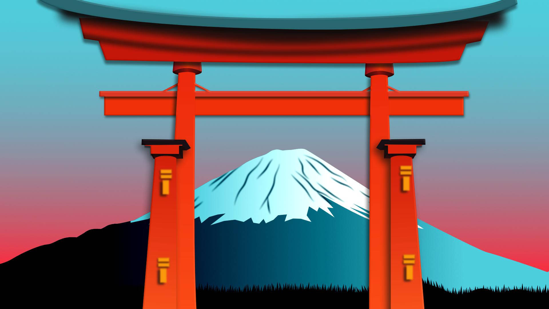 Torii 桌布 壁紙 — 一座大膽的紅色鳥居框住了積雪的富士山頂，背景是漸變的日落天空。