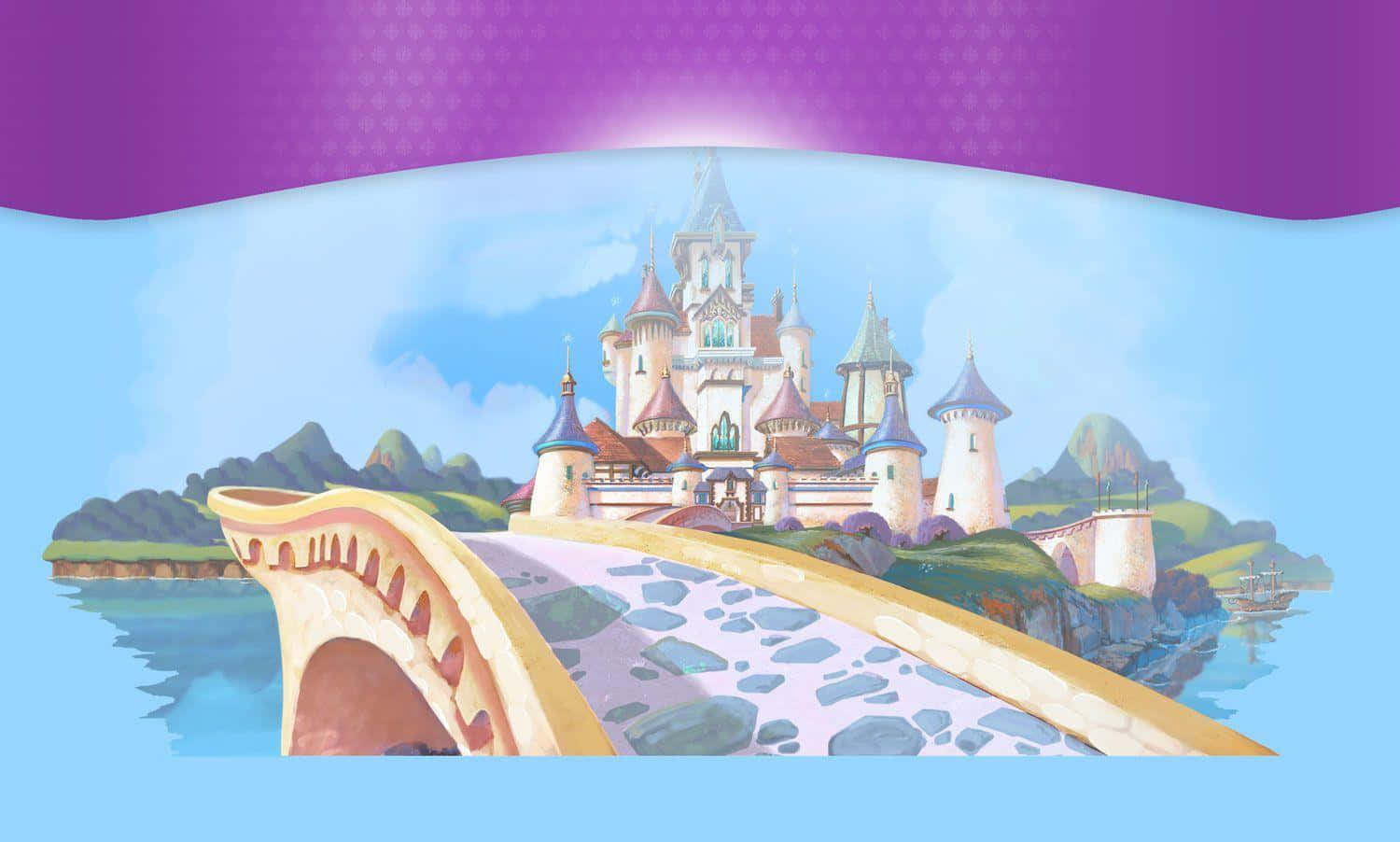 Sofia The First 桌布 壁紙 — 一座奇幻卡通城堡，擁有藍色屋頂和塔樓，坐落在綠色島嶼上，由一座石橋連接，橫跨平靜的水面，在明亮的藍天下。