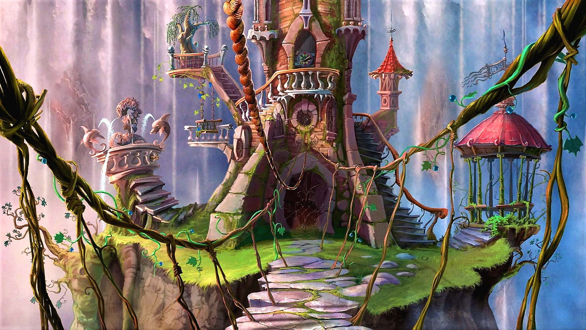 Enchantment 桌布 壁紙 — 一座奇幻城堡坐落在懸崖邊，纏繞著藤蔓和瀑布，在柔和的藍天下。