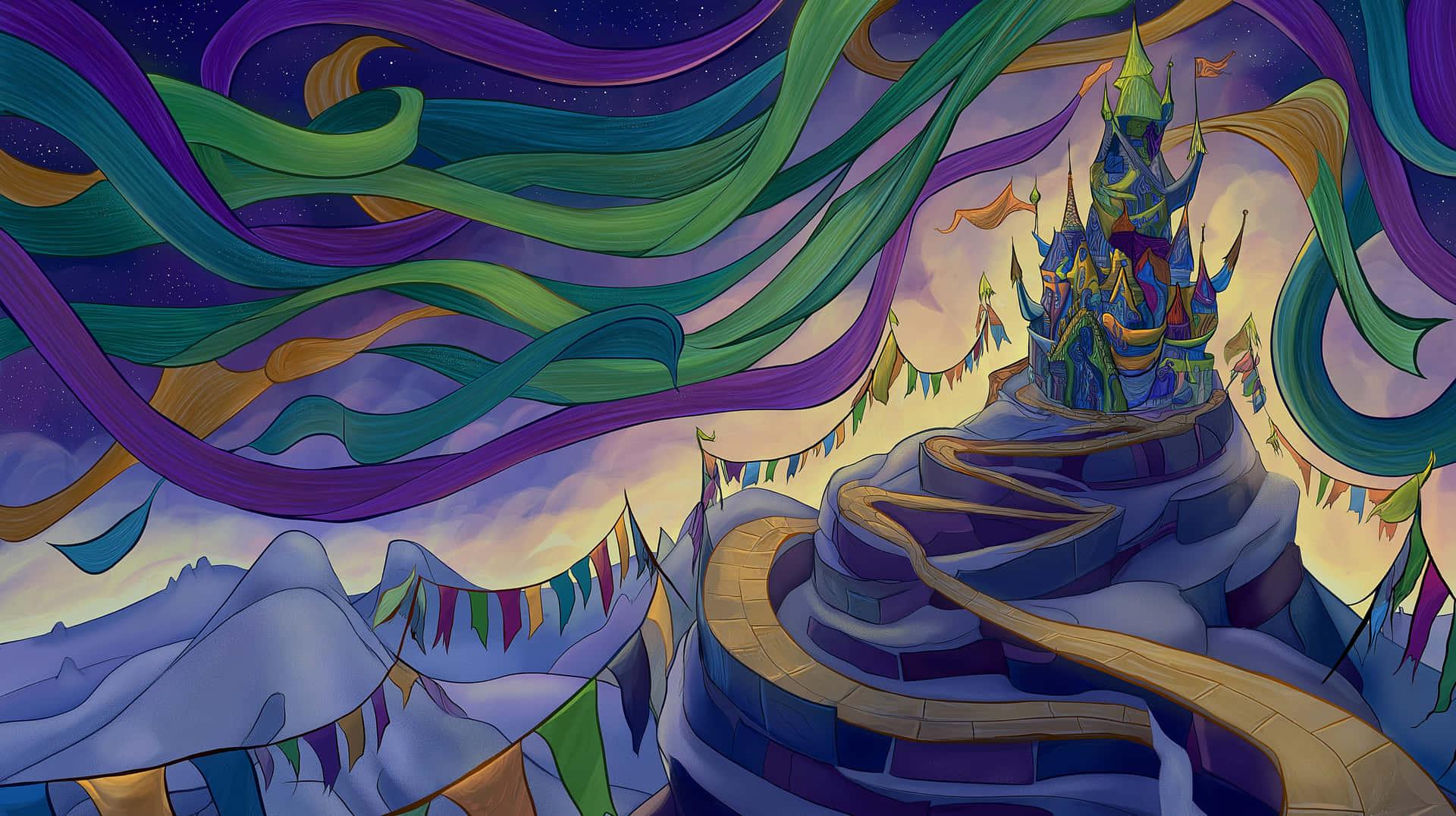 Mountain Kingdom Festivities 壁紙 — 一座奇幻城堡坐落在白雪皚皚的山峰上，旋轉的彩虹絲帶和彩色旗幟在繁星點點的暮色天空中飄揚。