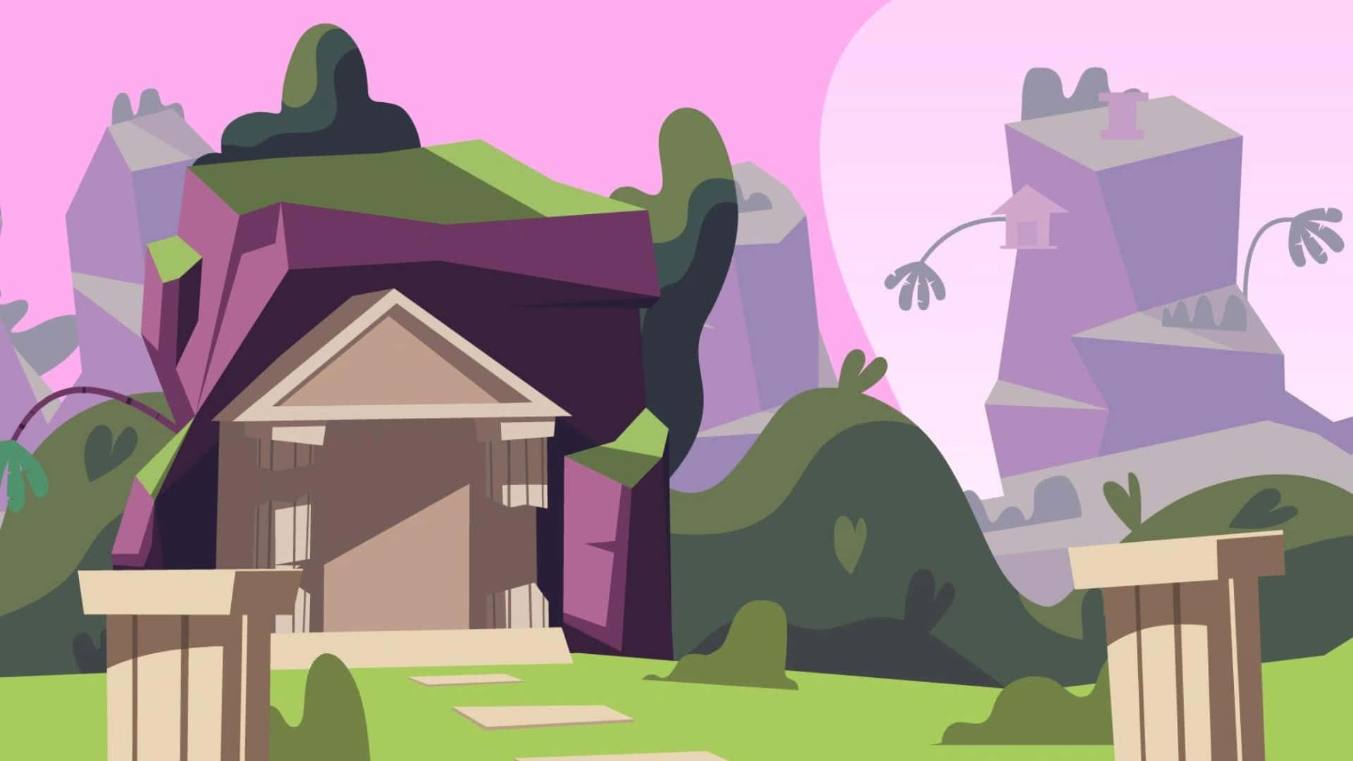Bfdi 桌布 壁紙 — 一座奇幻的卡通屋，紫色屋頂和綠植，坐落在粉紅天空下的小山頂上。