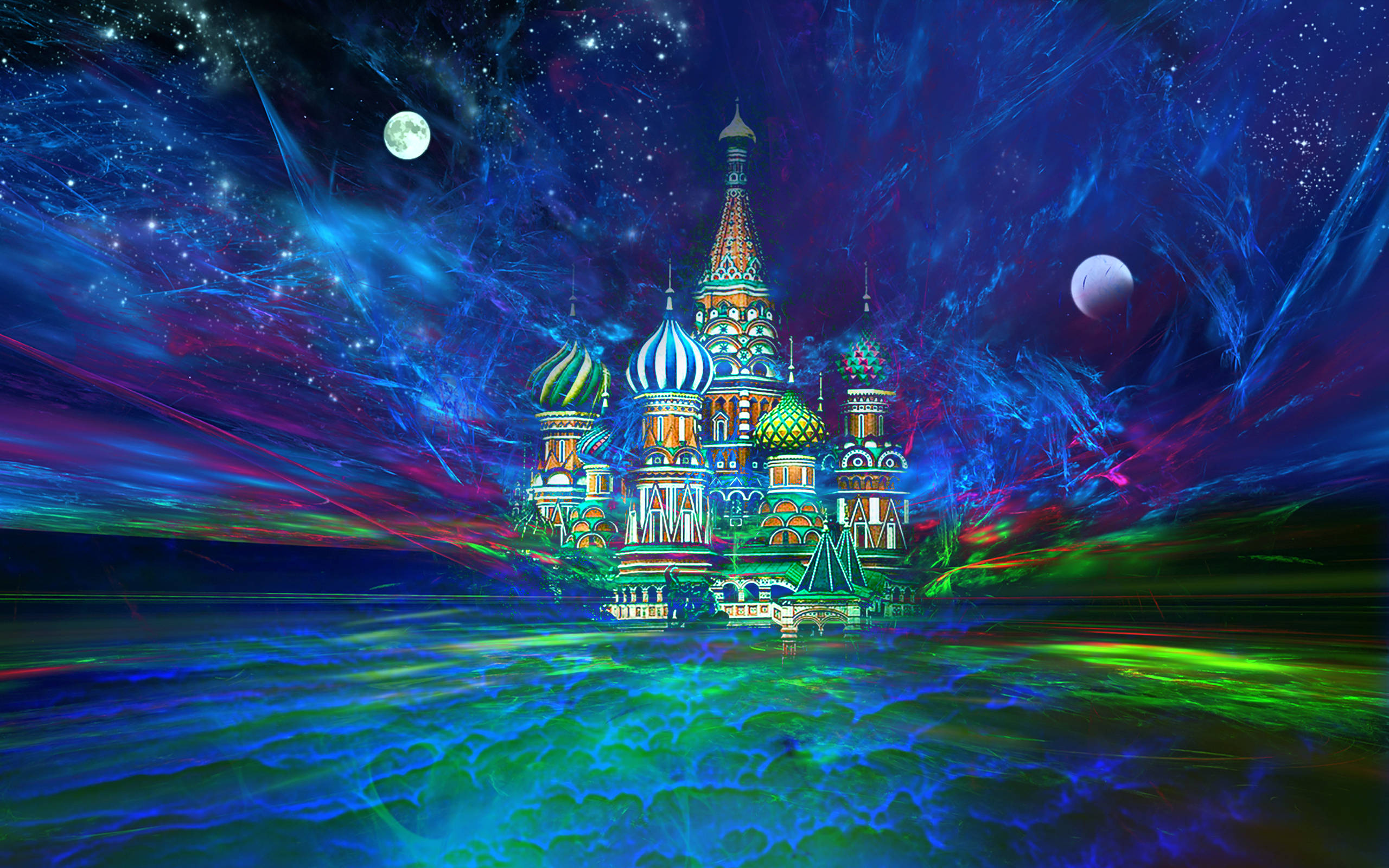Russia 桌布 壁紙 — 一座奇幻的大教堂，擁有色彩繽紛的圓頂，漂浮在發光的水面上，下方是充滿星星和月亮的宇宙天空。