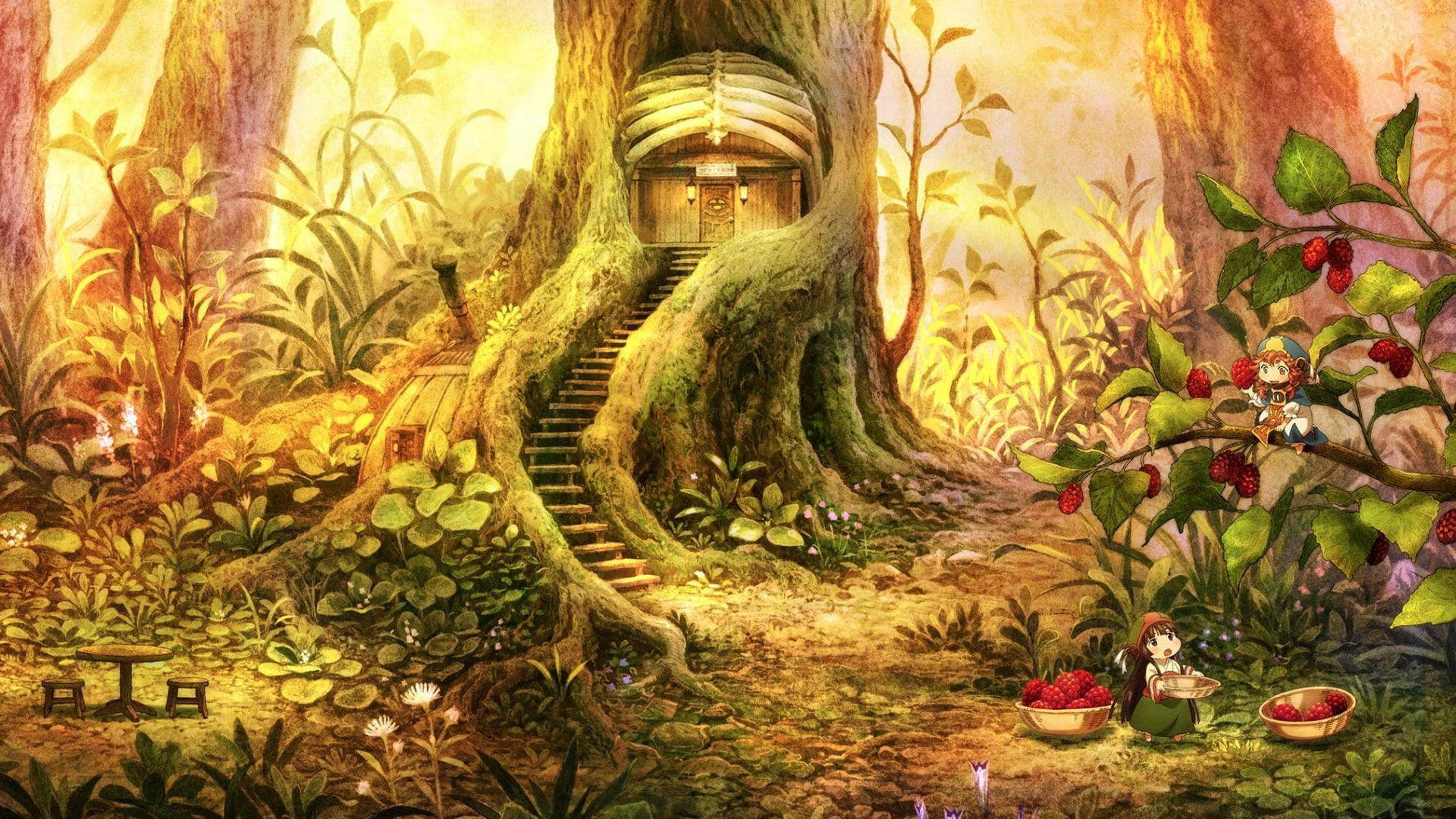 田園風 桌布 壁紙 — 一座奇幻的樹屋，藏身於巨樹之中，帶有樓梯，周圍環繞著茂密的樹葉和漿果叢，沐浴在溫暖的金色光芒下。
