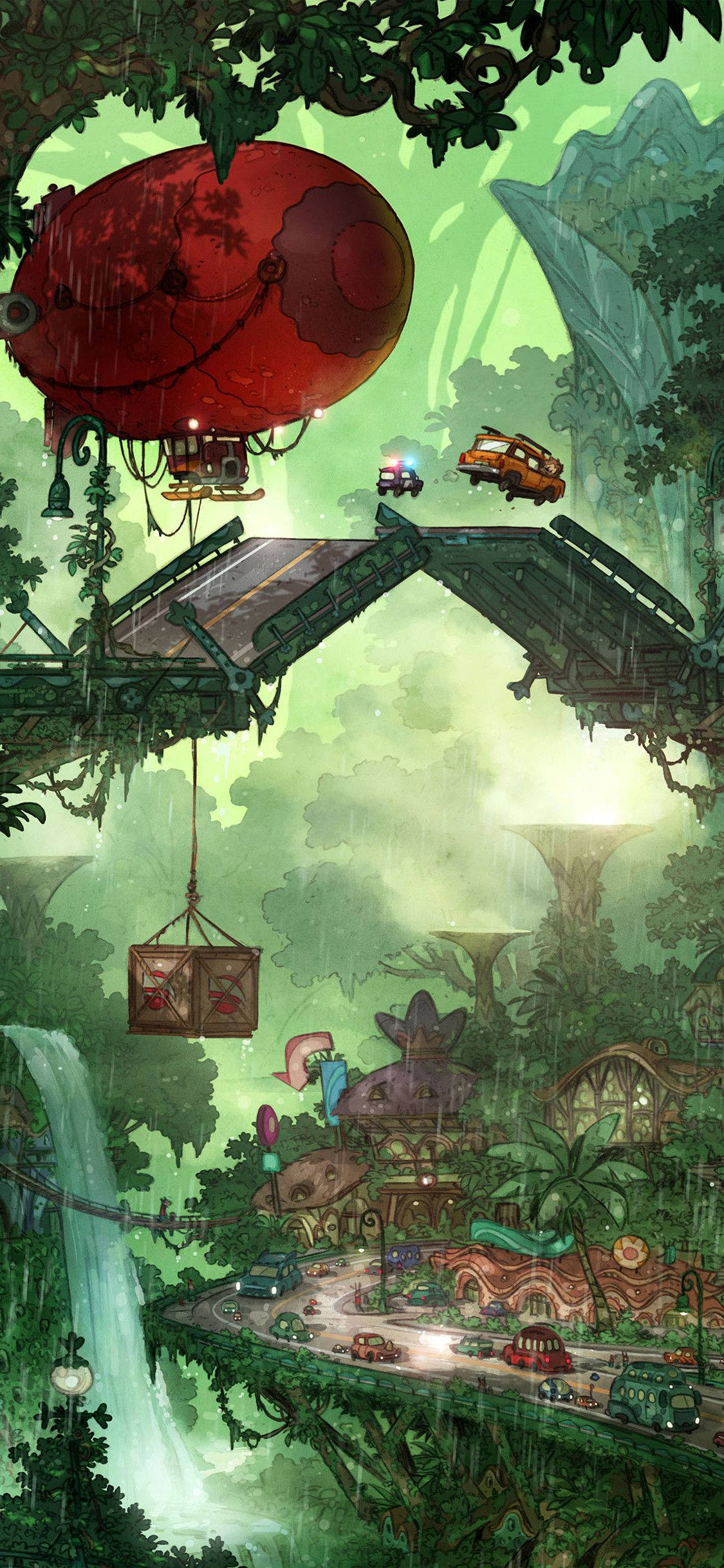Green Anime Aesthetic 桌布 壁紙 — 一座奇幻的漂浮叢林城市，一艘紅色飛船和復古汽車在瀑布上方懸索橋上行駛。