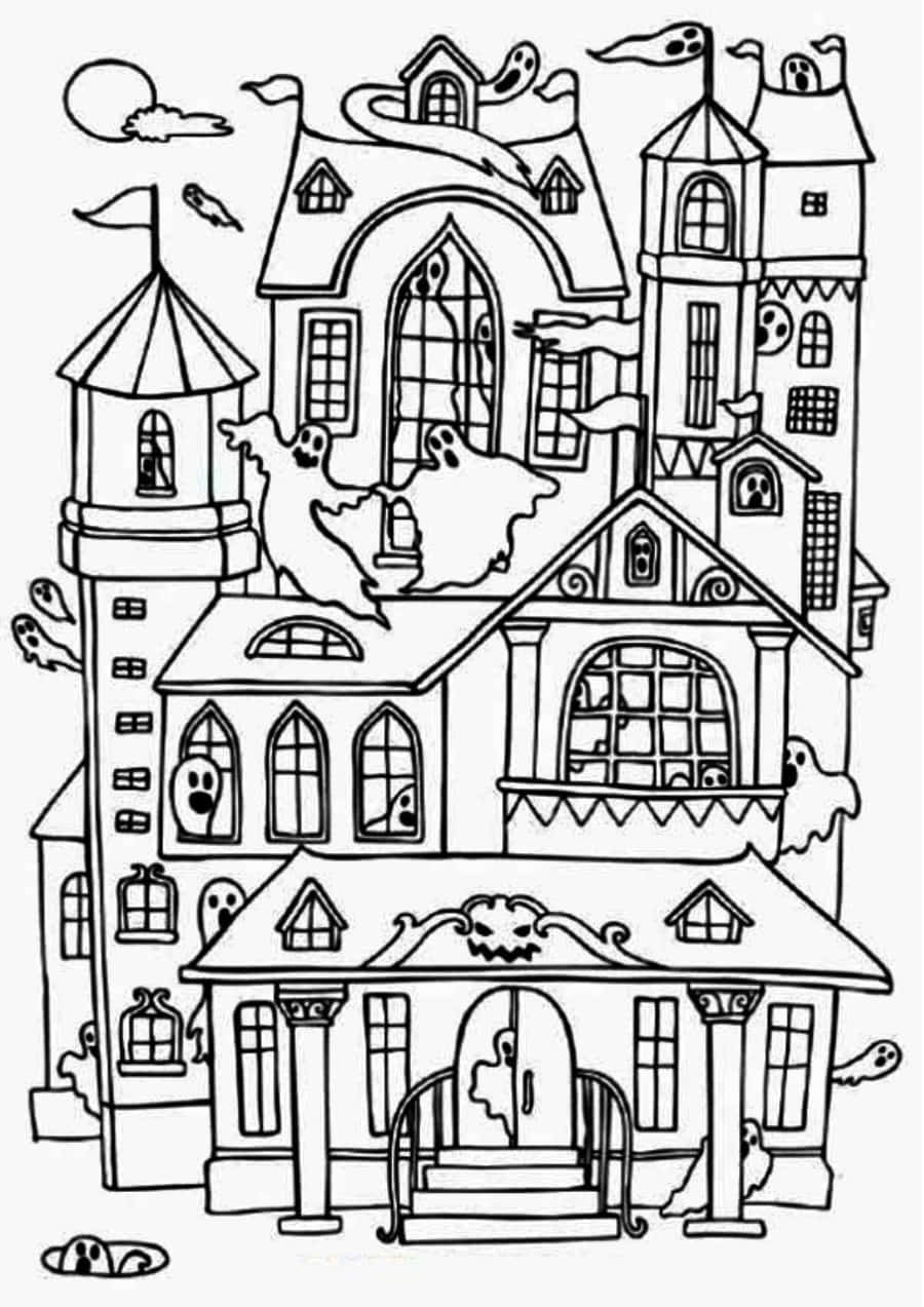 House Colouring 桌布 壁紙 — 一座奇幻的鬼屋，哥德式塔樓和拱形窗戶周圍漂浮著幽靈般的身影。
