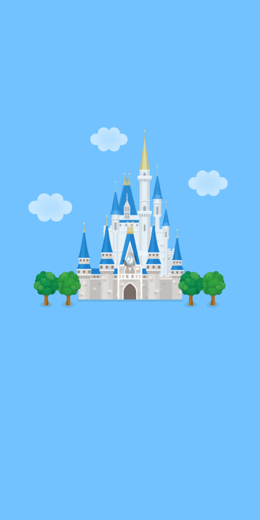 Pixel 3 Disney 桌布 壁紙 — 一座奇特的卡通城堡，擁有藍色尖頂和綠色樹木，在晴朗的藍天下有蓬鬆的雲朵。