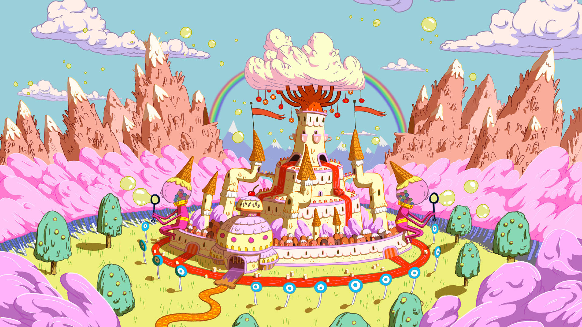 adventure 桌布 壁紙 — 一座奇特的卡通城堡，有糖果般的塔樓和彩虹拱門，坐落在粉紅色的山頂上，周圍環繞著蓬鬆的雲朵和柔和色調的樹木。