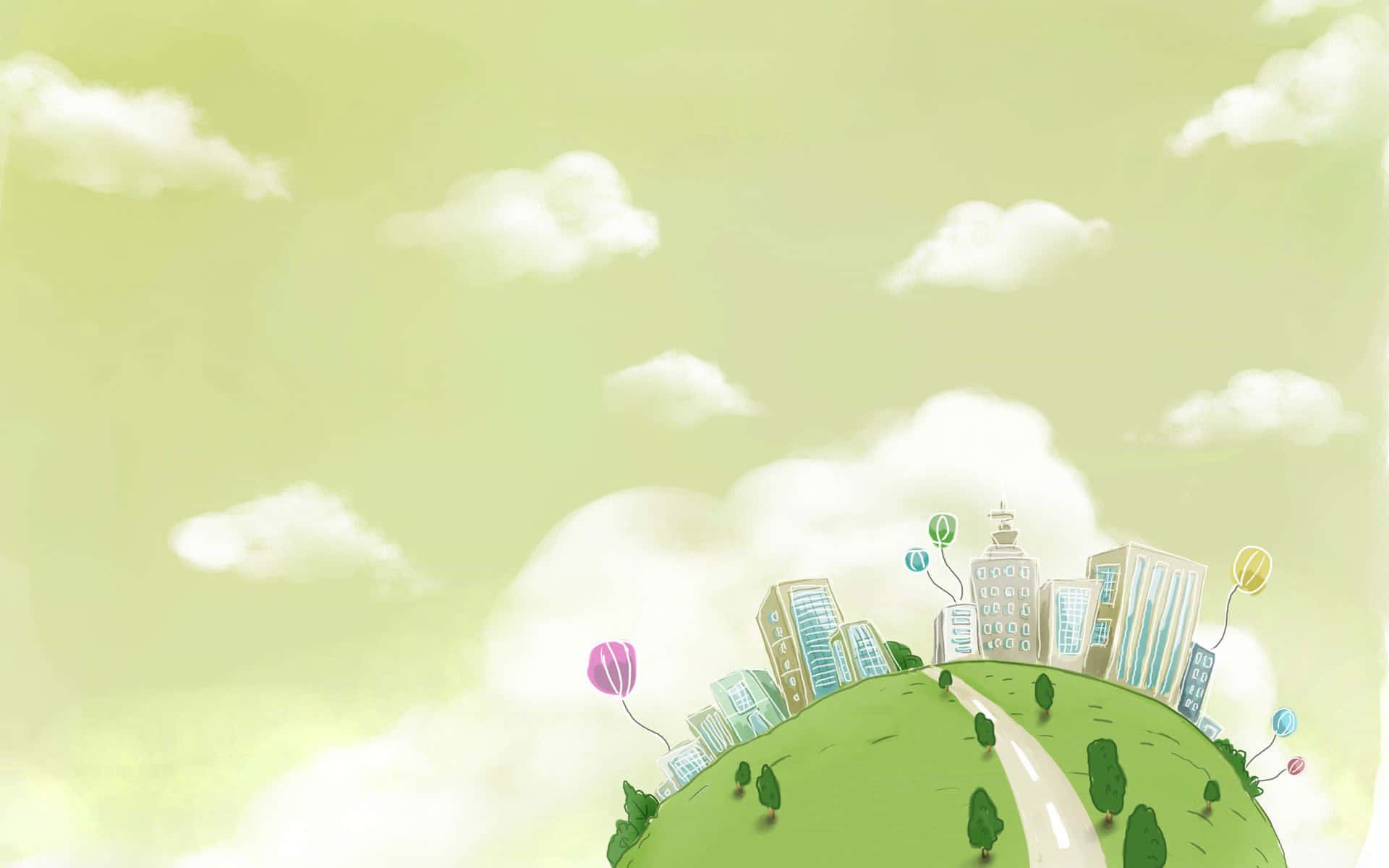 Cute Cartoon 桌布 壁紙 — 一座奇特的卡通城市坐落在綠色山丘上，下方是柔和的粉彩天空，有蓬鬆的雲朵和漂浮的氣球。