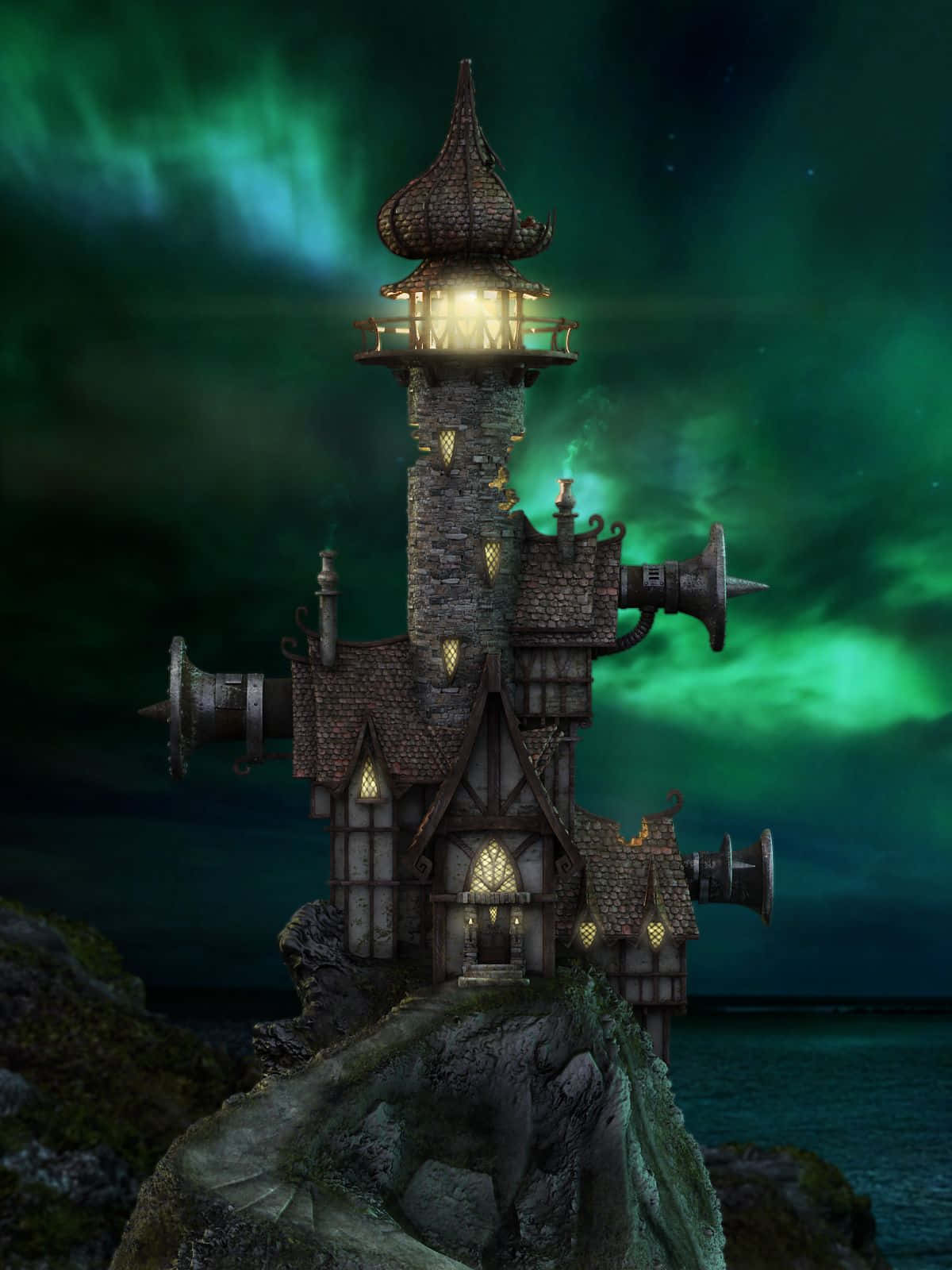 Lighthouse 桌布 壁紙 — 一座奇特的石燈塔棲息在懸崖邊，在充滿活力的綠色北極光天空下溫暖地發光。
