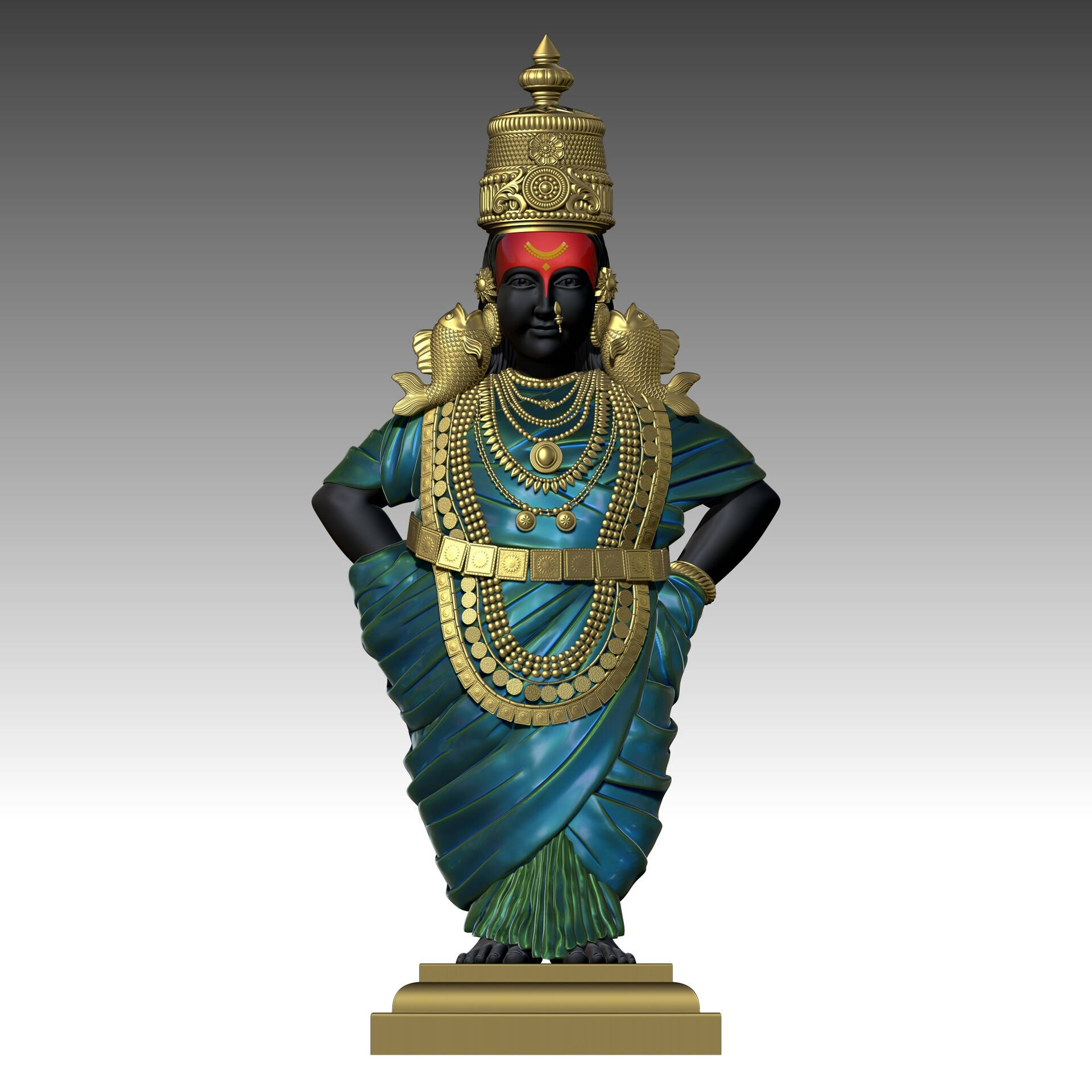 Statue Aesthetic 桌布 壁紙 — 一座威嚴的3D渲染雕像，描繪一位深色皮膚的神祇，飾以華麗的金飾和肩上帶有魚紋的藍綠色披肩。