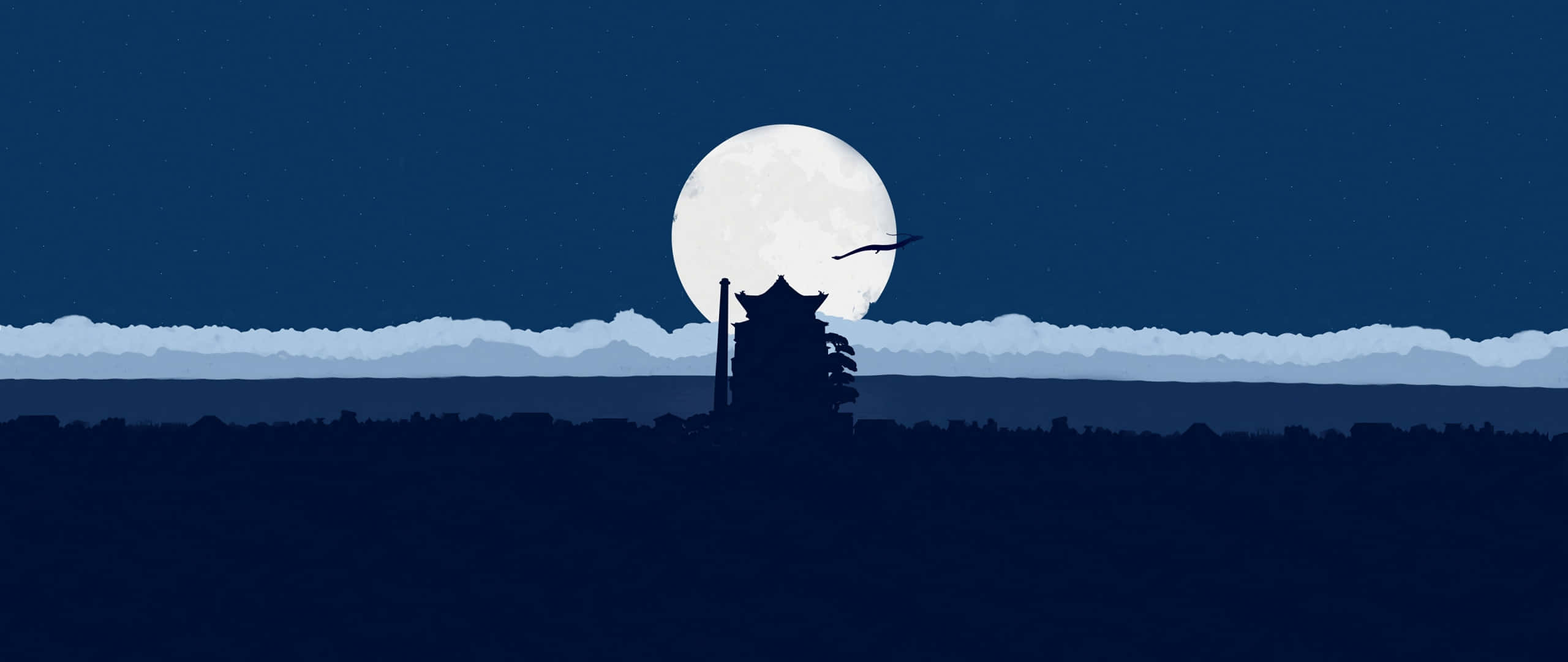 2560x1080 Minimal 桌布 壁紙 — 一座孤獨的傳統寶塔剪影矗立在巨大的滿月下，一隻鳥兒在繁星點點的夜空飛過。