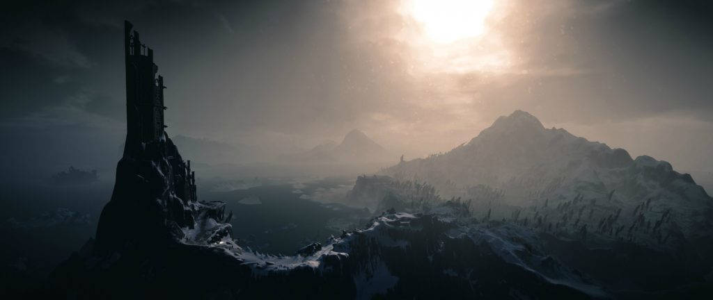 witcher 4K 桌布 壁紙 — 一座孤獨的古老城堡坐落在白雪覆蓋的山頂上，在朦朧的金色日出下。